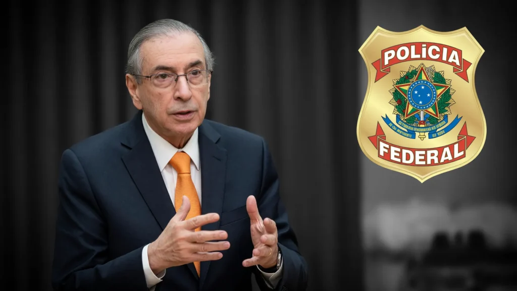 Eduardo Cunha ao lado do brasão da Polícia Federal, ilustrando mensagens Eduardo Cunha emendas parlamentares em Minas Gerais