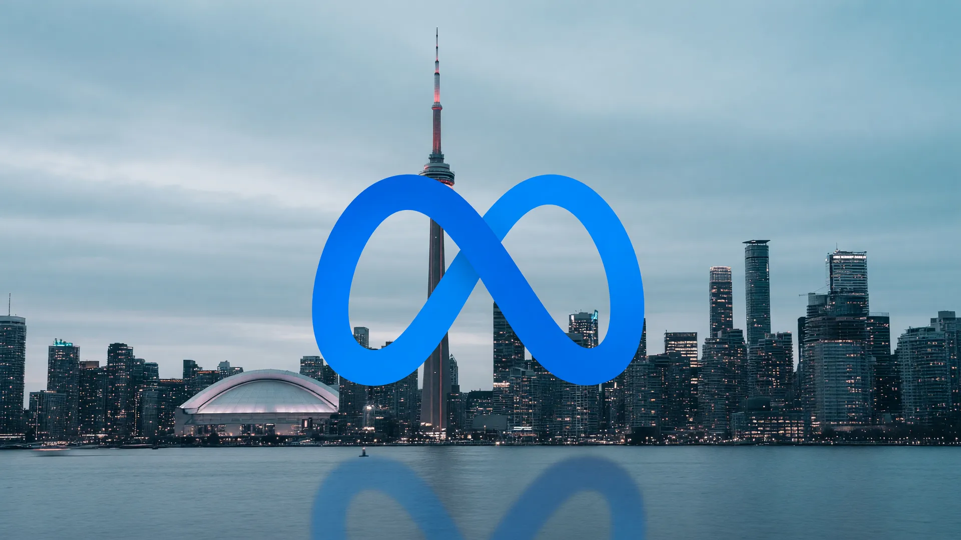 Logo da Meta sobre panorama urbano canadense, representando o investimento em Meta data center IA Canadá