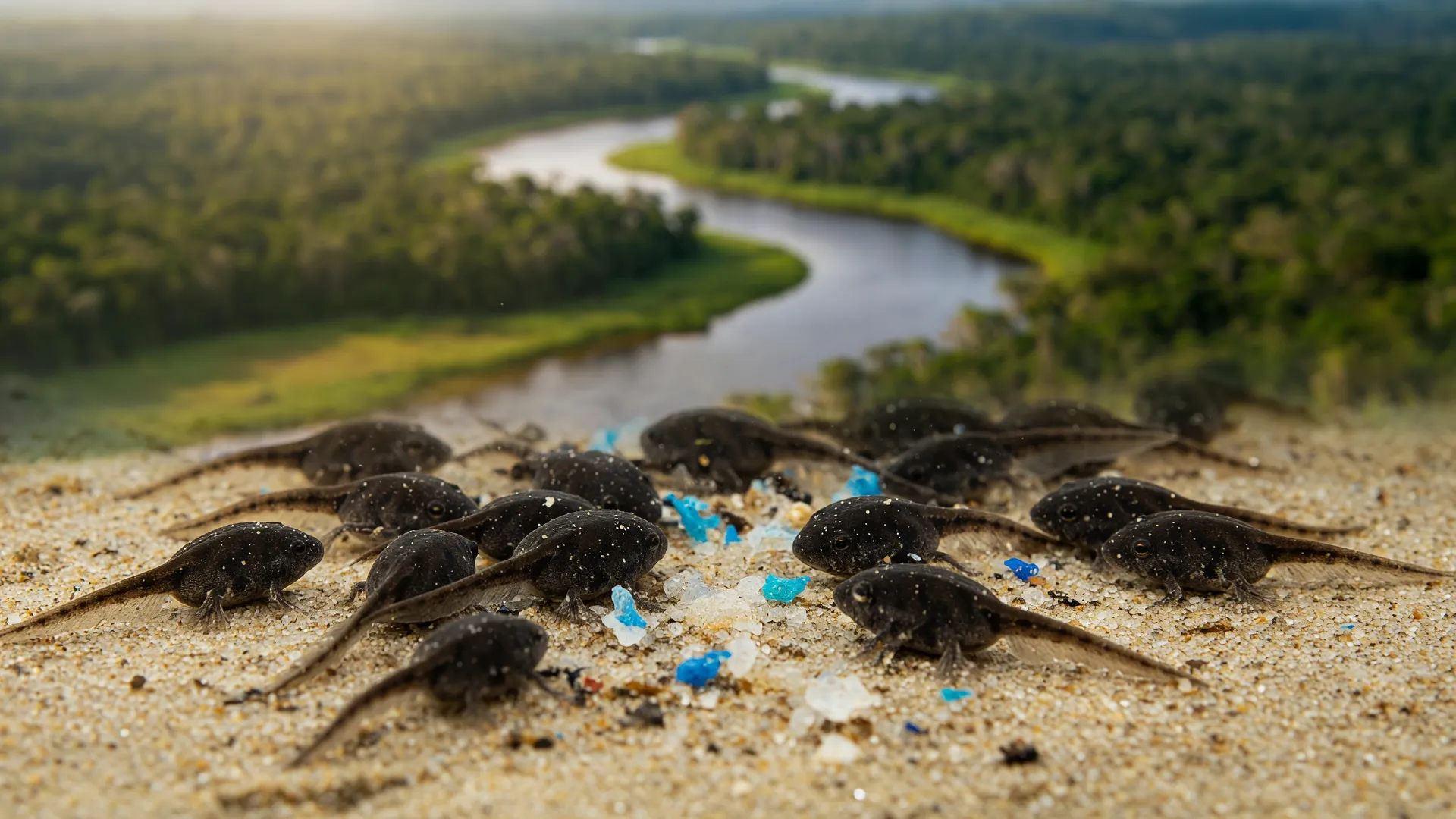 Pesquisa revela microplásticos em girinos da Amazônia, ameaça à cadeia alimentar aquática.