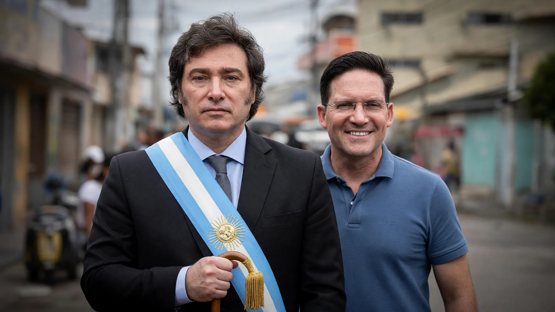 Javier Milei ao lado de Flávio Bolsonaro simboliza a presença de Milei na convenção de Flávio no Brasil.