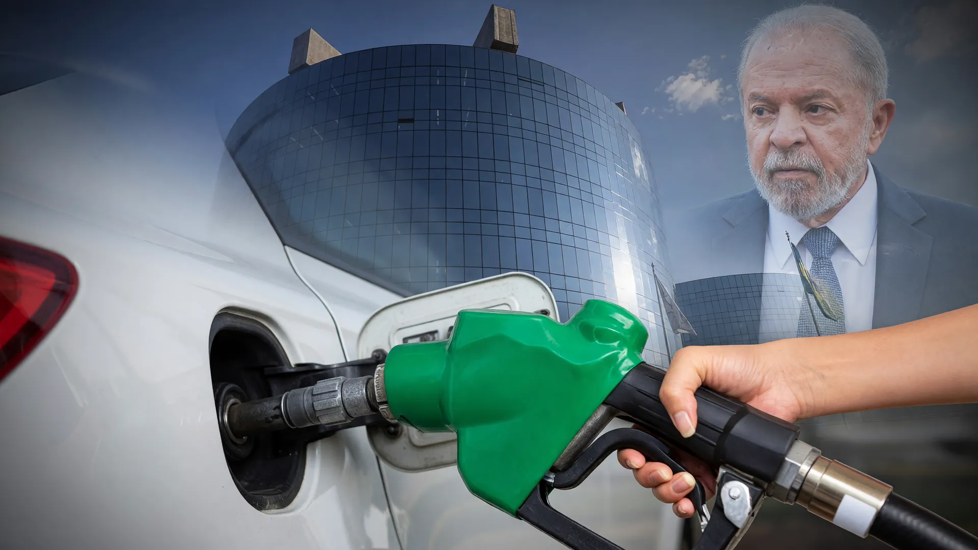 Sede do MPF ao fundo, com abastecimento de gasolina em destaque, simbolizando ação contra mistura de etanol na gasolina