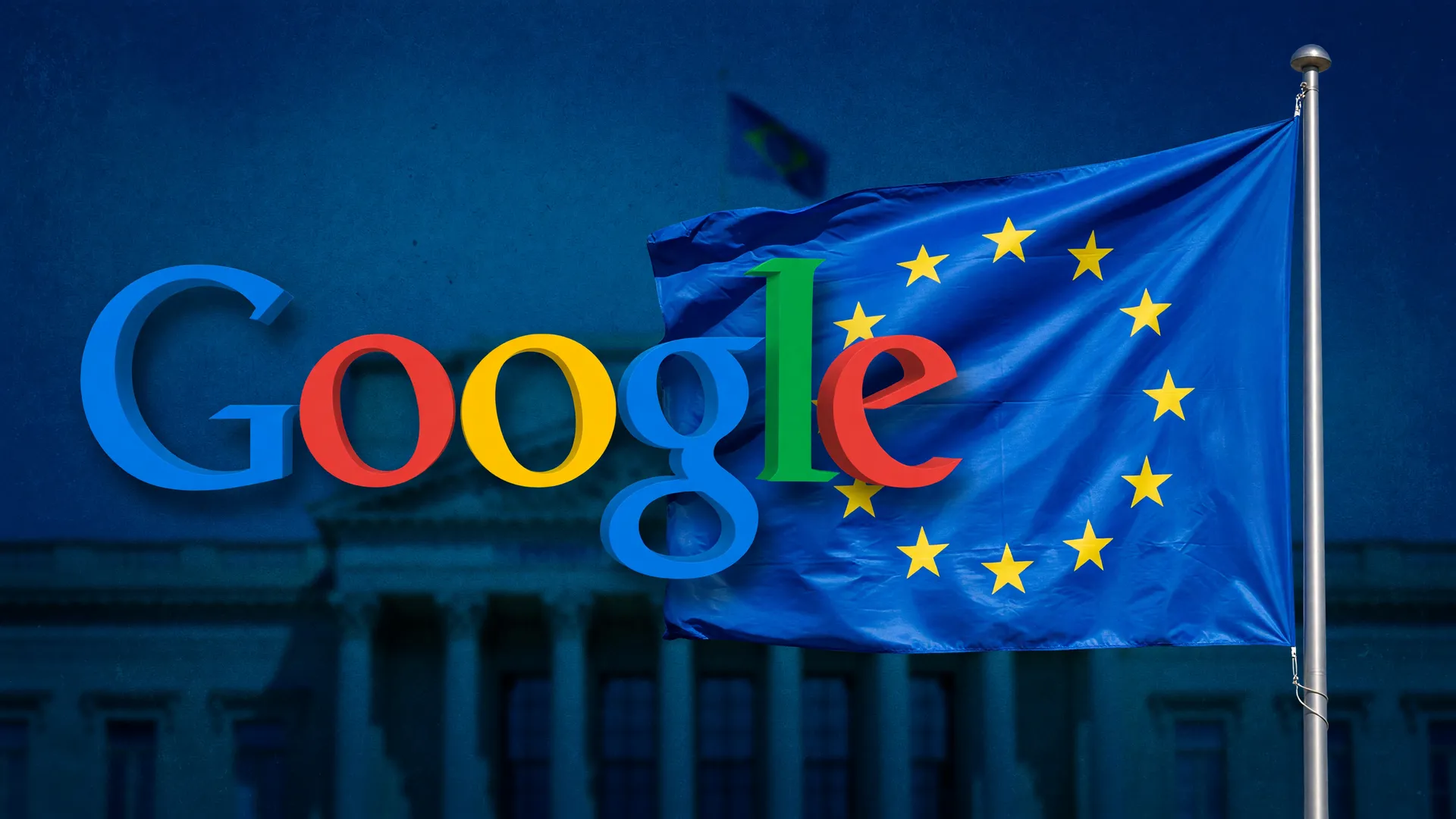 Logotipo do Google em contraste com a bandeira da União Europeia simbolizando multa antitruste Google Android Europa