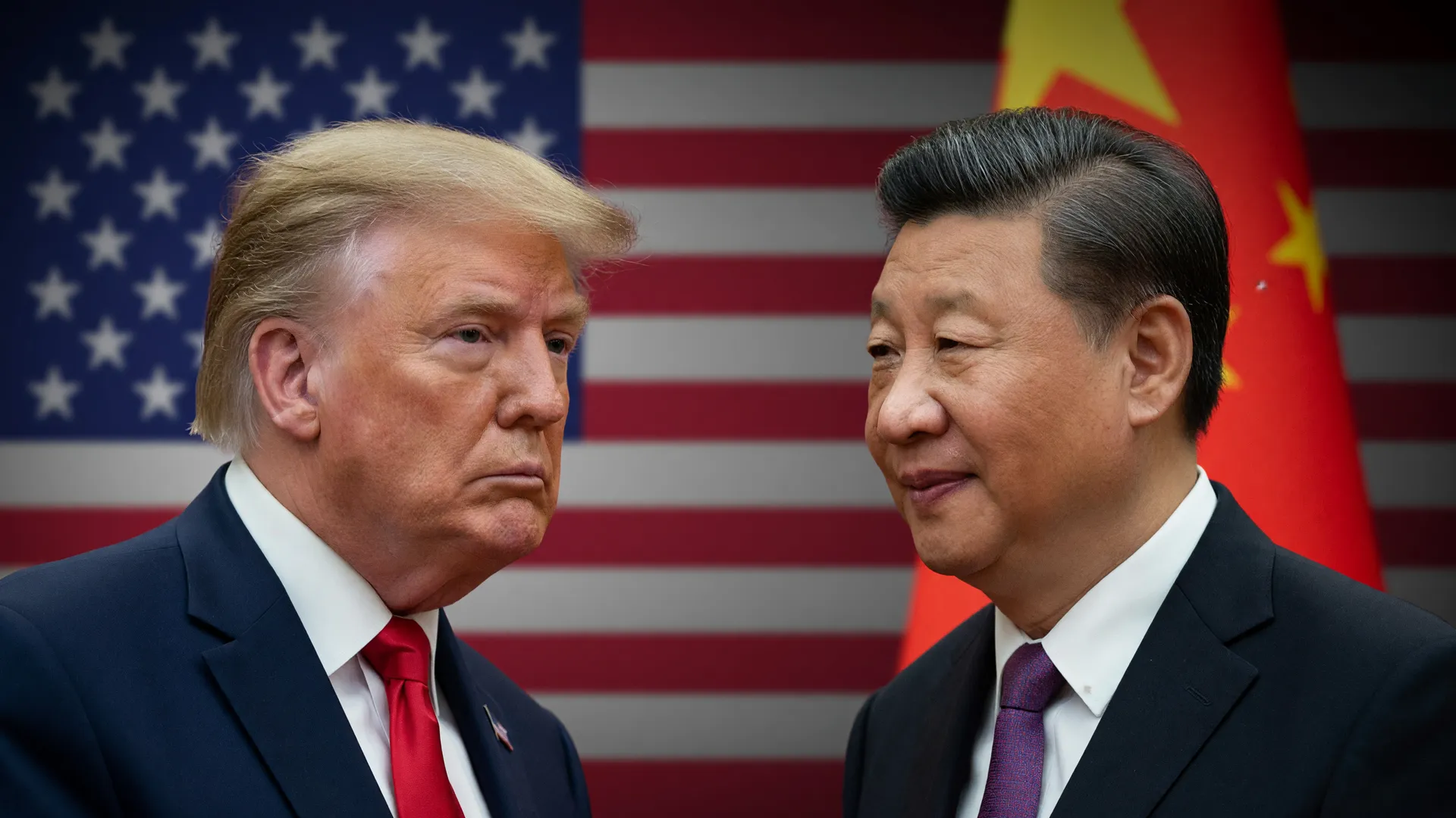 Trump e Xi Jinping representam as negociações EUA China inteligência artificial, com bandeiras dos países ao fundo