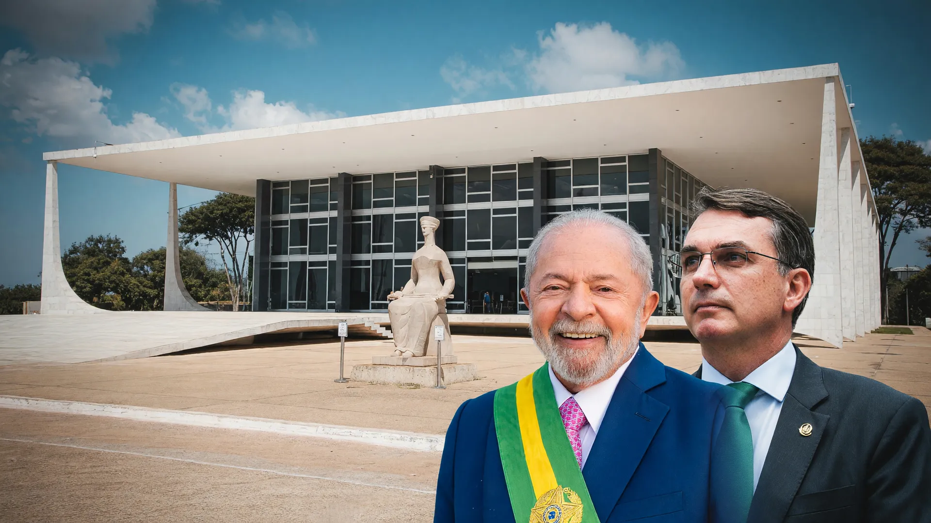 Fachada do STF ao fundo com retratos de Lula e Flávio Bolsonaro, ilustrando notícia-crime contra Lula no STF