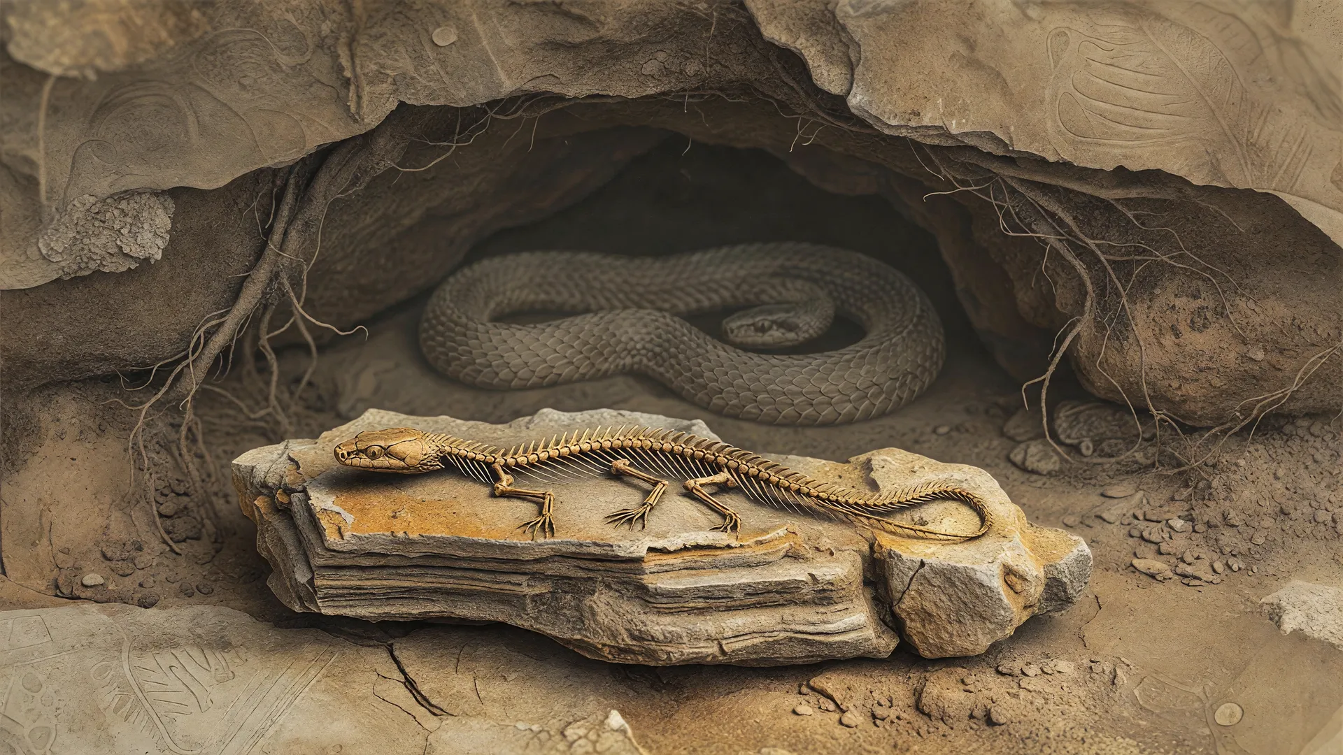 Ilustração paleontológica da nova espécie de cobra fóssil encontrada em SP, com 85 milhões de anos.
