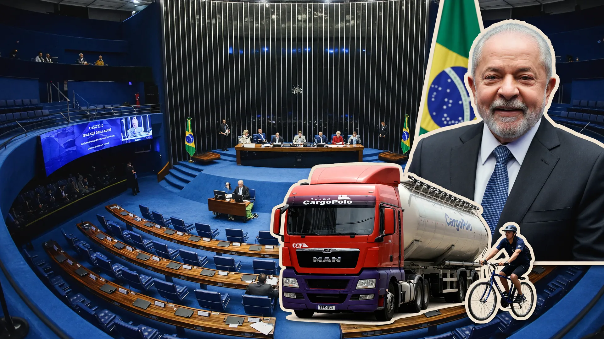 Senado, caminhoneiros e Lula ilustram as novas regras do frete rodoviário aprovadas pelo Congresso Nacional.