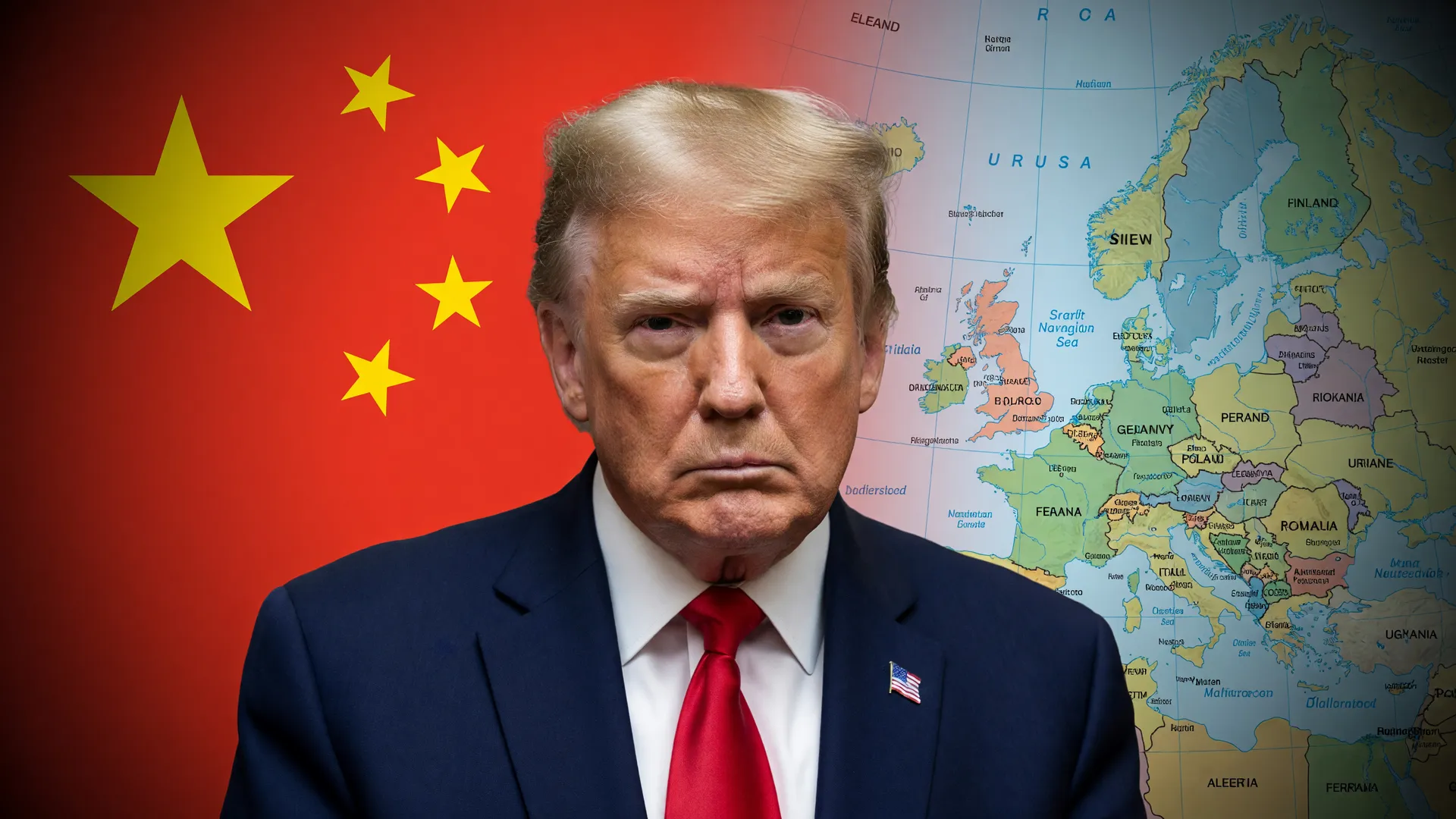 Trump ao centro simboliza as novas tarifas dos EUA, com bandeira da China e mapa da Europa ao fundo