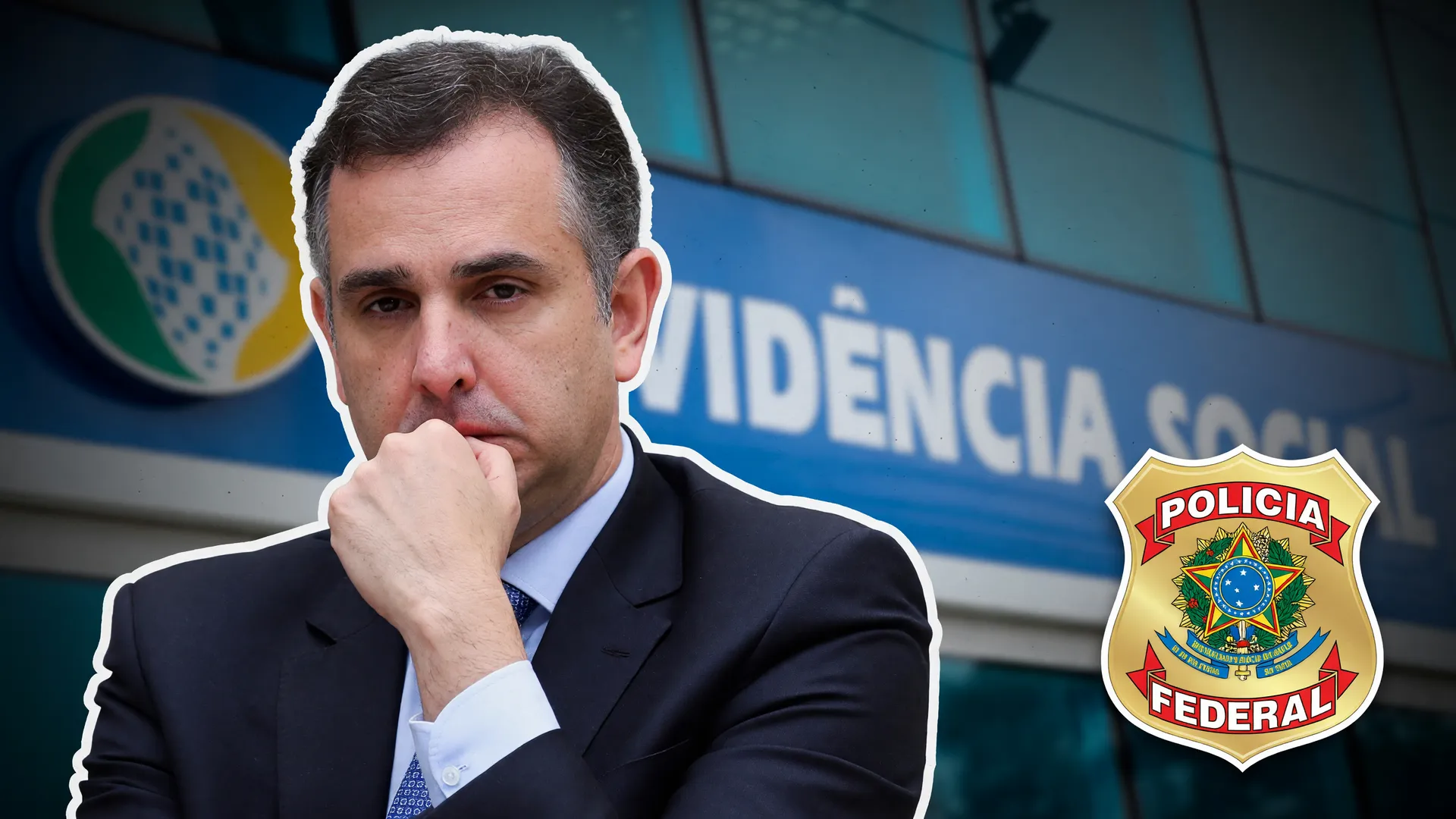 Rodrigo Pacheco pensativo, com o INSS ao fundo, remete à reunião de Pacheco sobre presidência do INSS apurada pela PF