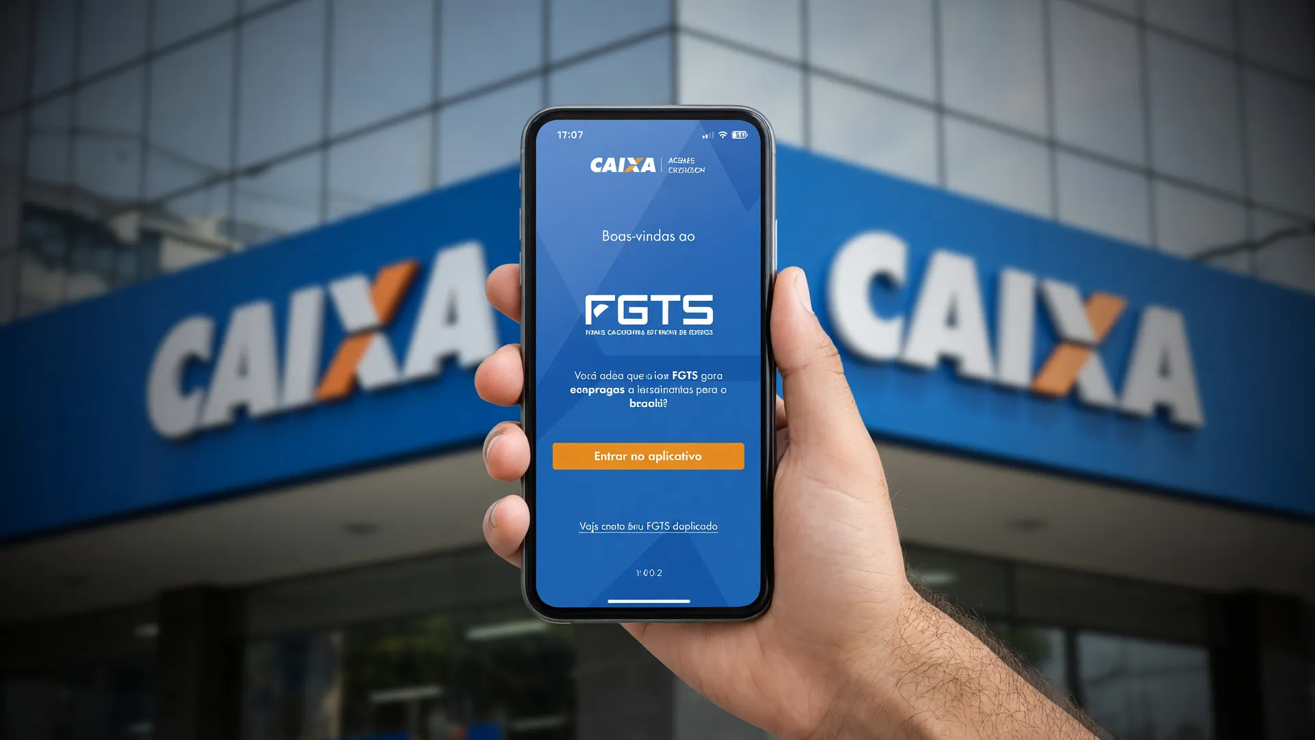Mão segura smartphone com app FGTS, representando o pagamento do lucro do FGTS a milhões de trabalhadores pela Caixa