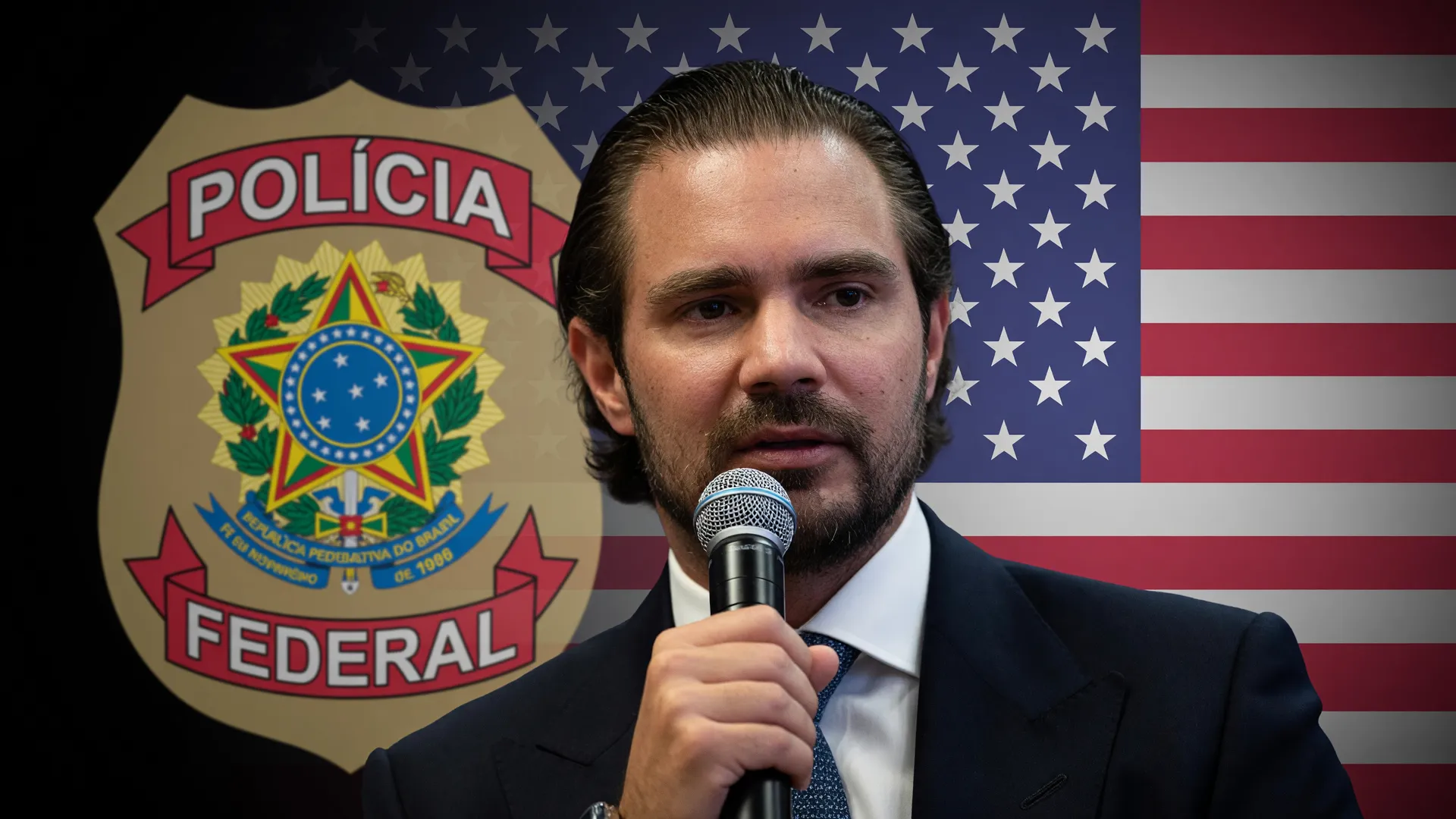Ilustração mostra a Polícia Federal rastreando o patrimônio de Vorcaro no exterior, com bandeira dos EUA ao fundo