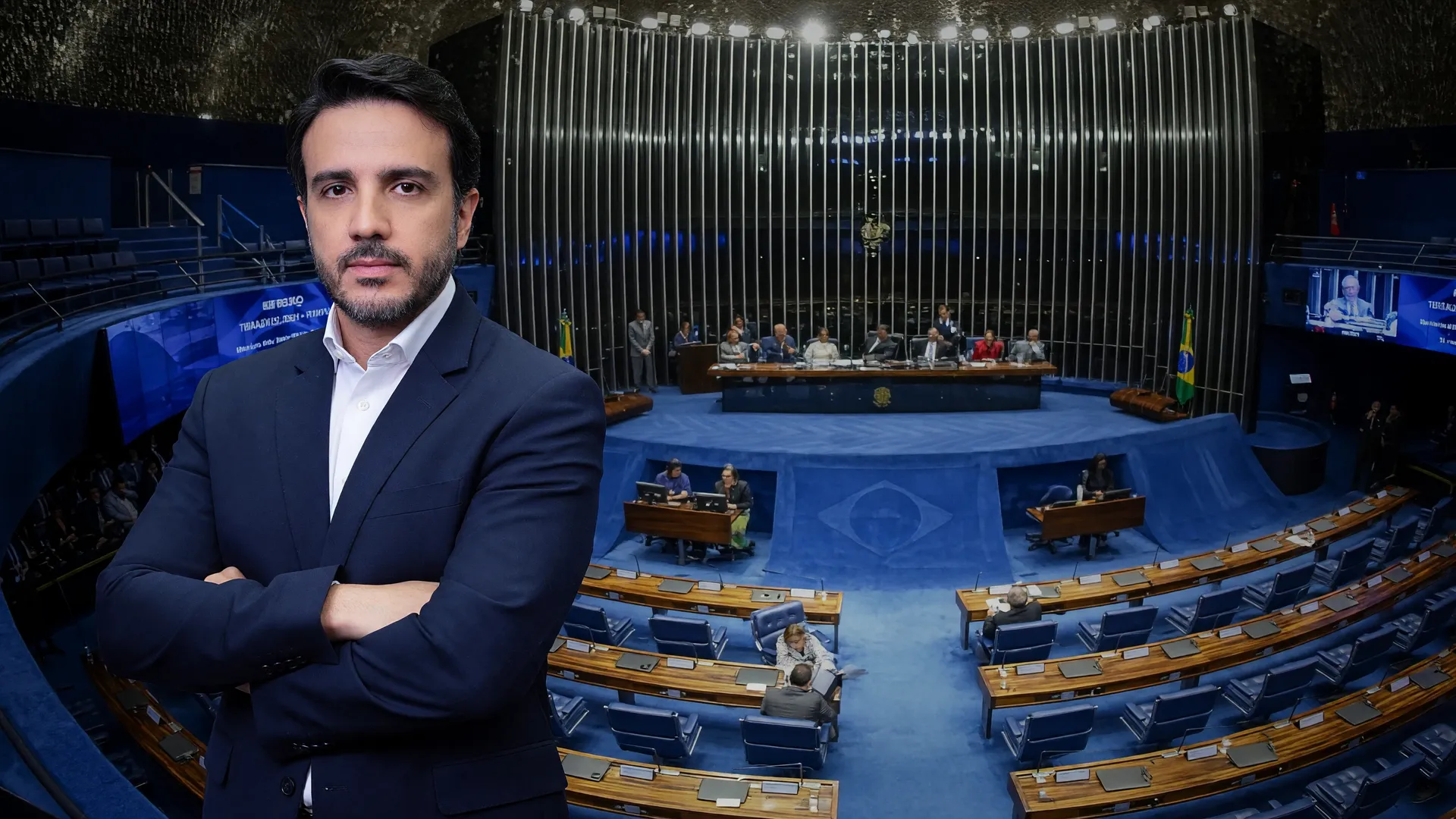 Plenário do Senado Federal na votação da pauta-bomba aprovada no Senado, com Renan Santos ao lado.