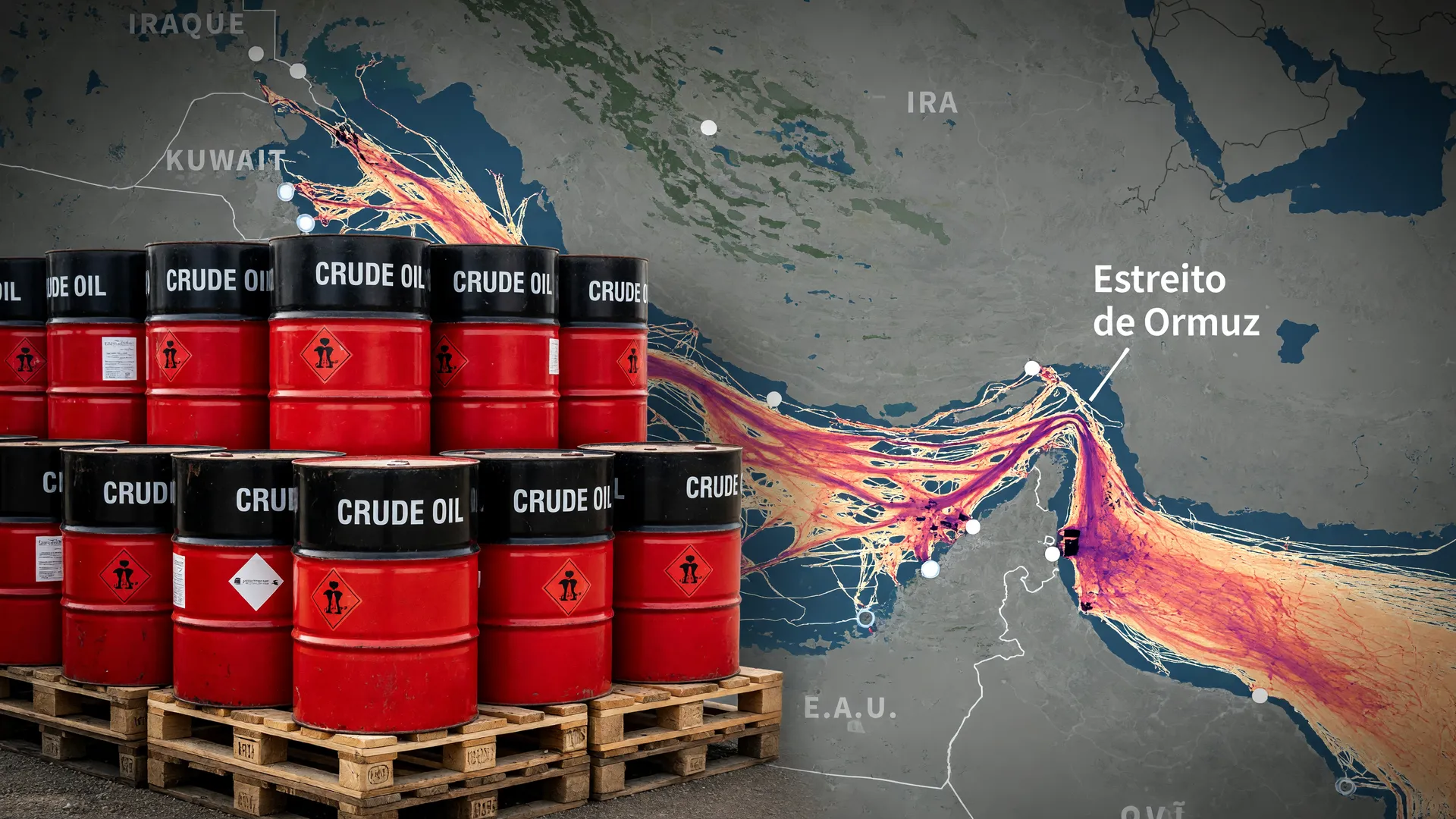 Barris de petróleo em destaque com o Estreito de Ormuz ao fundo, simbolizando o petróleo Brent acima de US$ 95