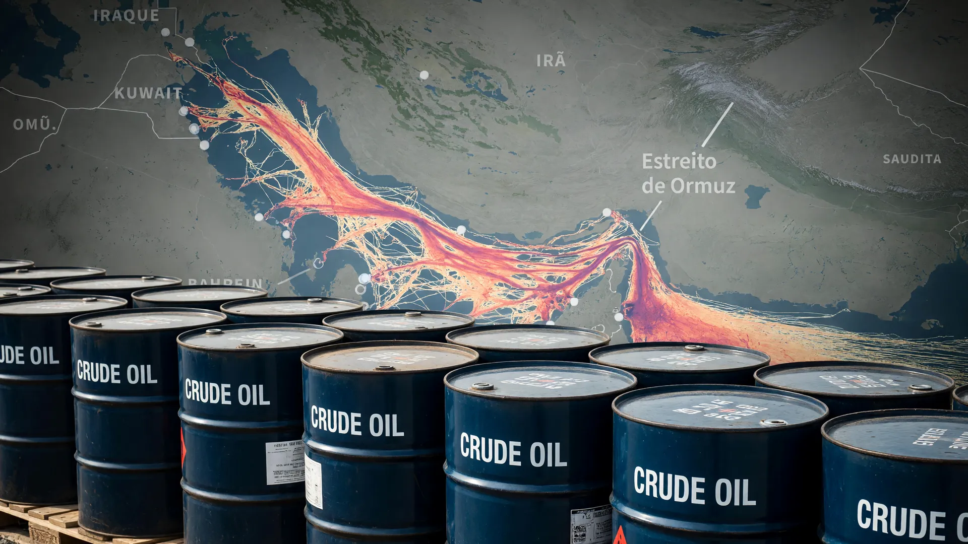 Barris de petróleo Brent com mapa do Estreito de Ormuz ao fundo, refletindo temor de inflação global.