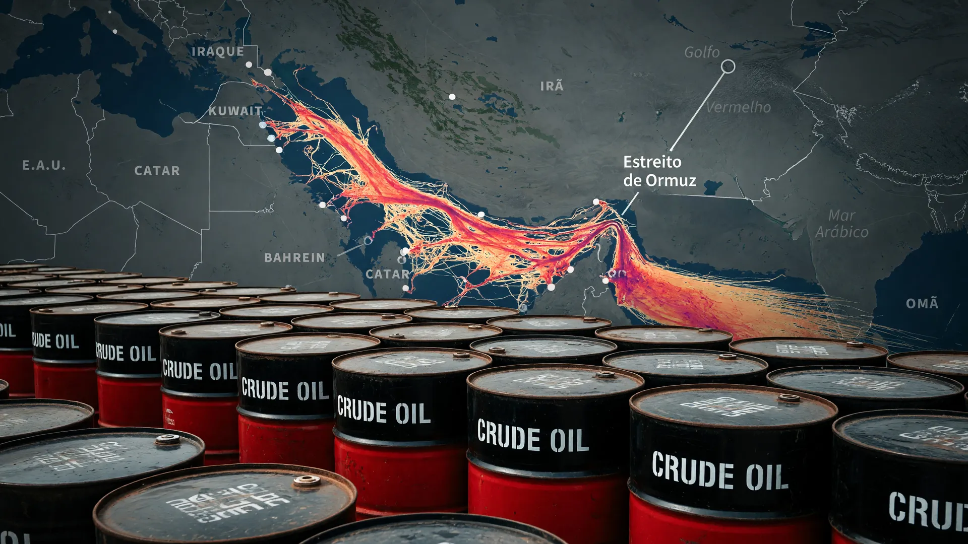 Barris de petróleo armazenados com mapa de rotas do petróleo Estreito de Ormuz ao fundo