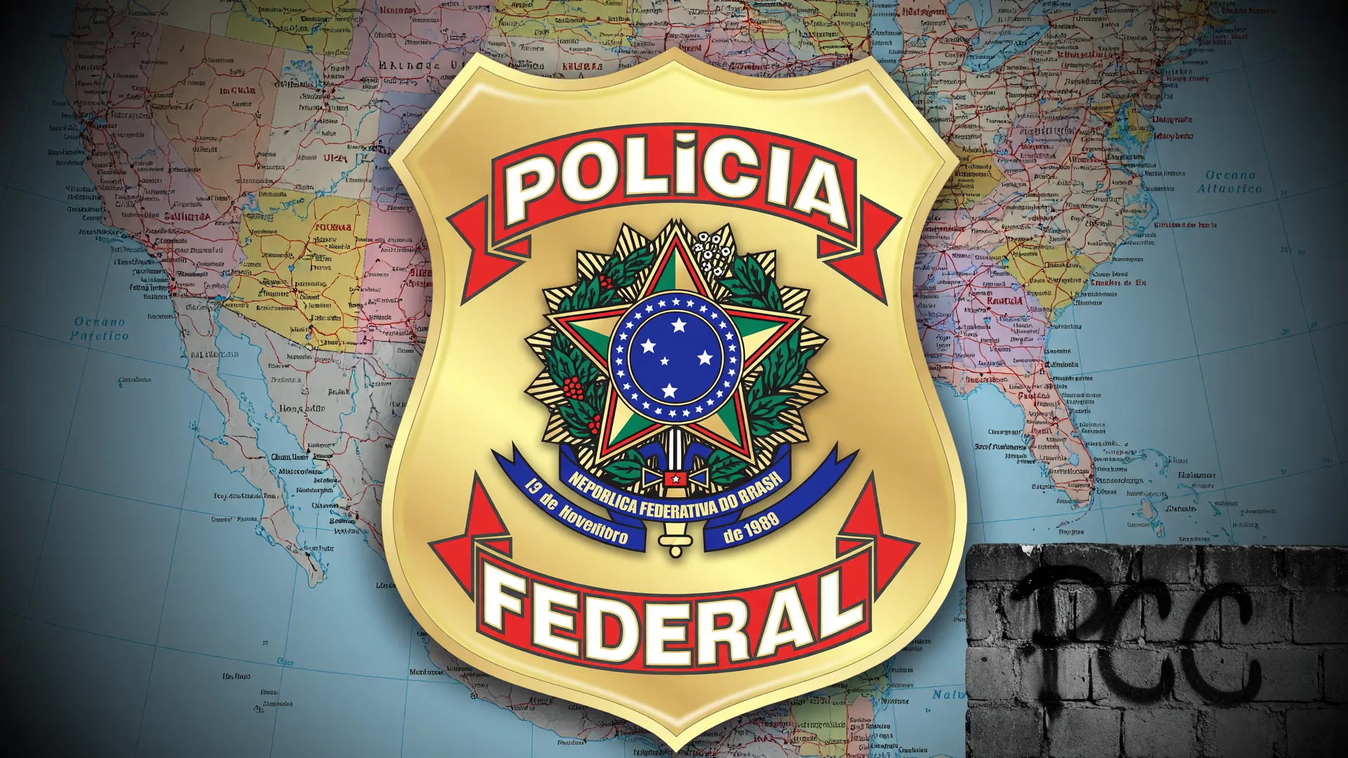 Brasão da PF, mapa dos EUA e marca PCC: ilustração da operação que antecipa ação contra lavagem do PCC sob sanções dos EUA