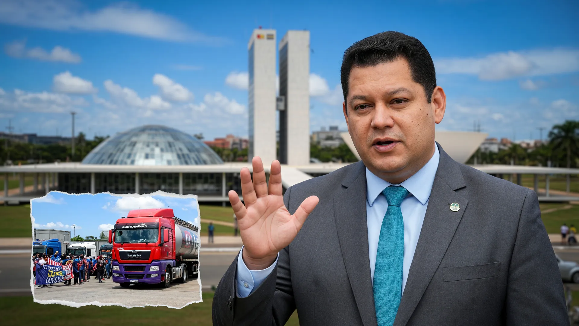 Alcolumbre discursa no Senado enquanto caminhoneiros protestam pelo piso mínimo do frete no Senado