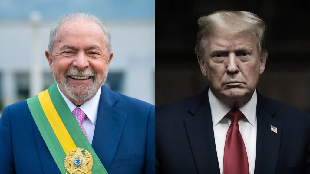Lula e Trump em colagem editorial: tensa negociação sobre prazo tarifas EUA produtos brasileiros