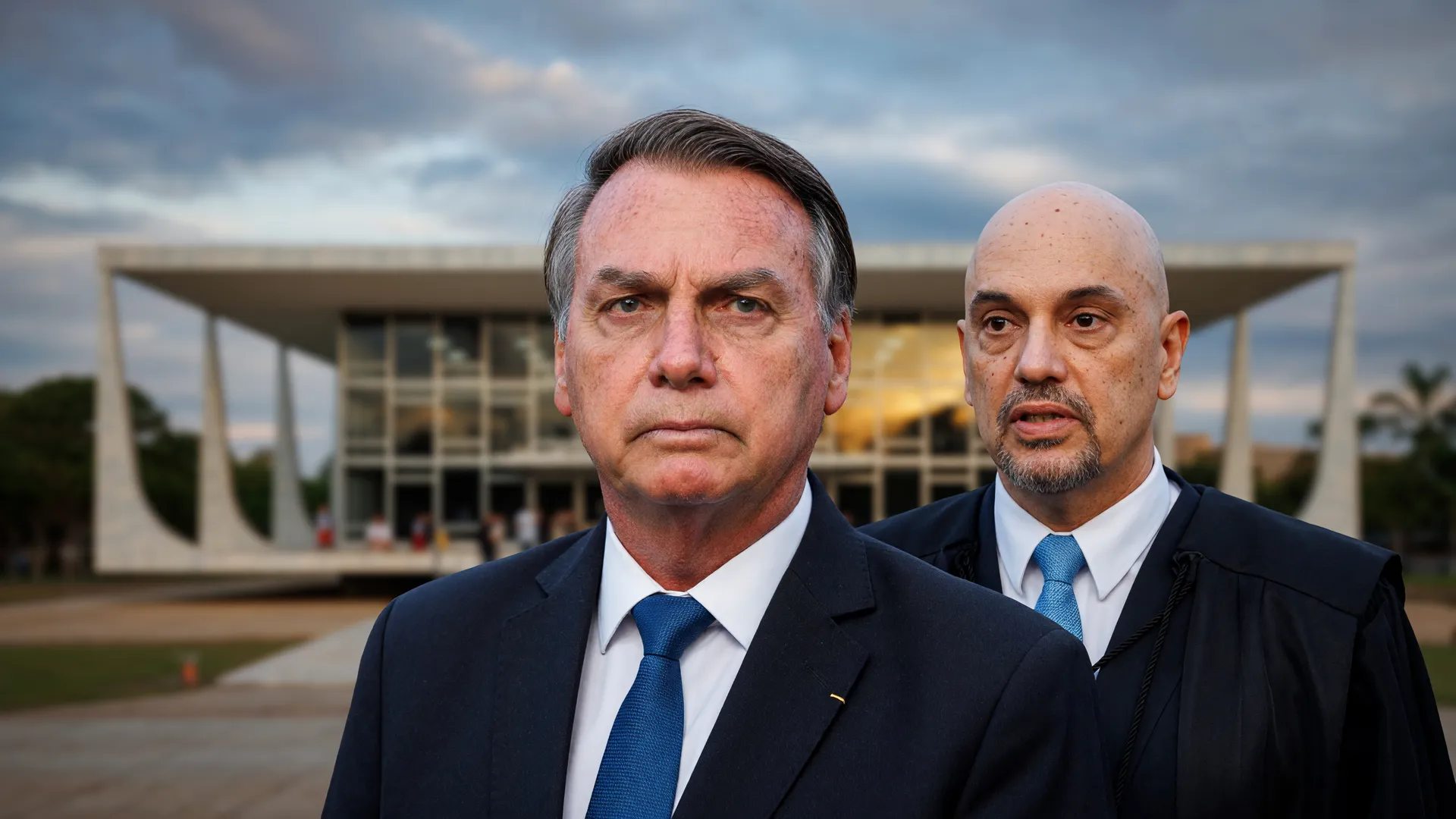 Bolsonaro e Moraes em cenário institucional do STF, simbolizando decisão sobre a prisão domiciliar de Bolsonaro