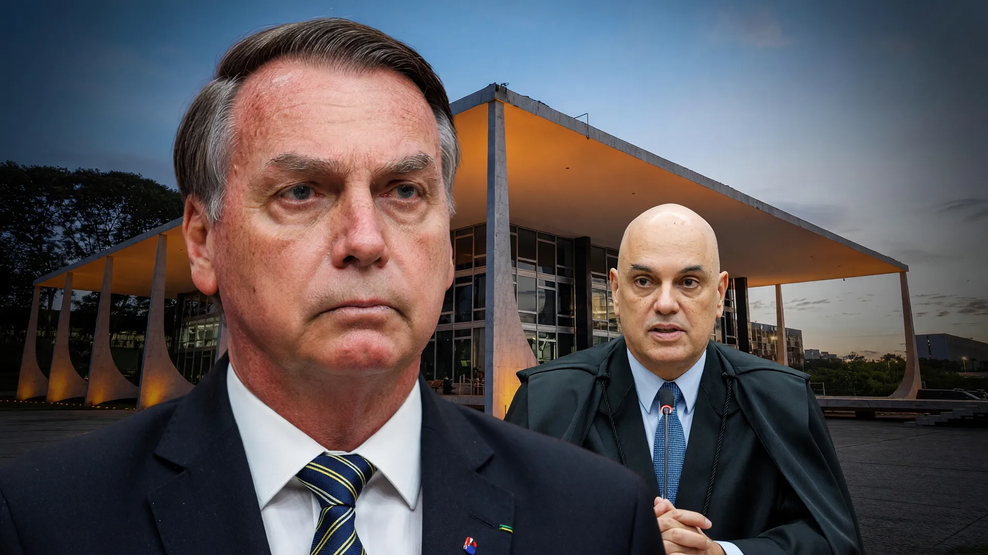 Bolsonaro em prisão domiciliar humanitária, com o STF ao fundo representando a decisão de Moraes