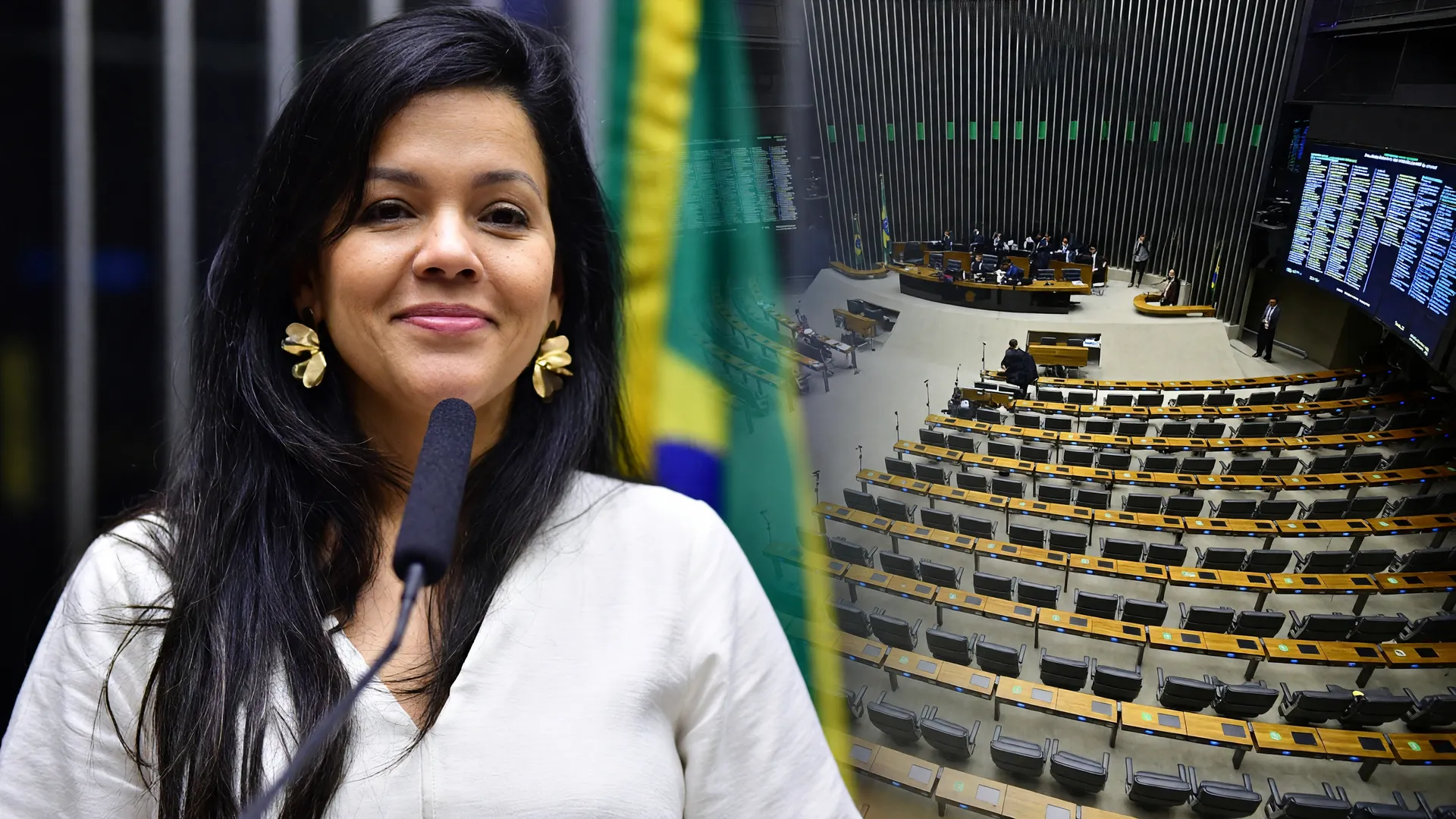 Priscila Costa, candidata a deputada, discursa em tribuna com o plenário da Câmara dos Deputados ao fundo