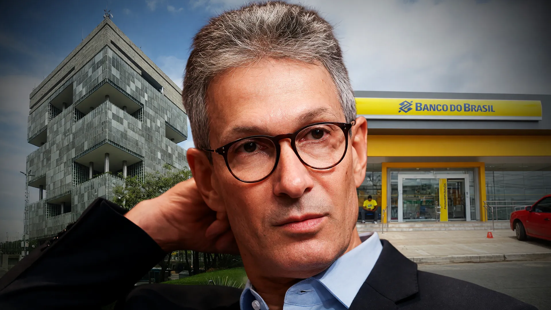 Romeu Zema diante das sedes da Petrobras e do Banco do Brasil, ilustrando promessa de privatizar Petrobras Banco do Brasil
