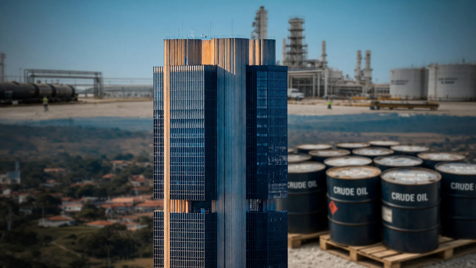 Sede do Banco Central com barris de petróleo ao fundo, simbolizando a projeção de inflação para 2026 no Brasil.