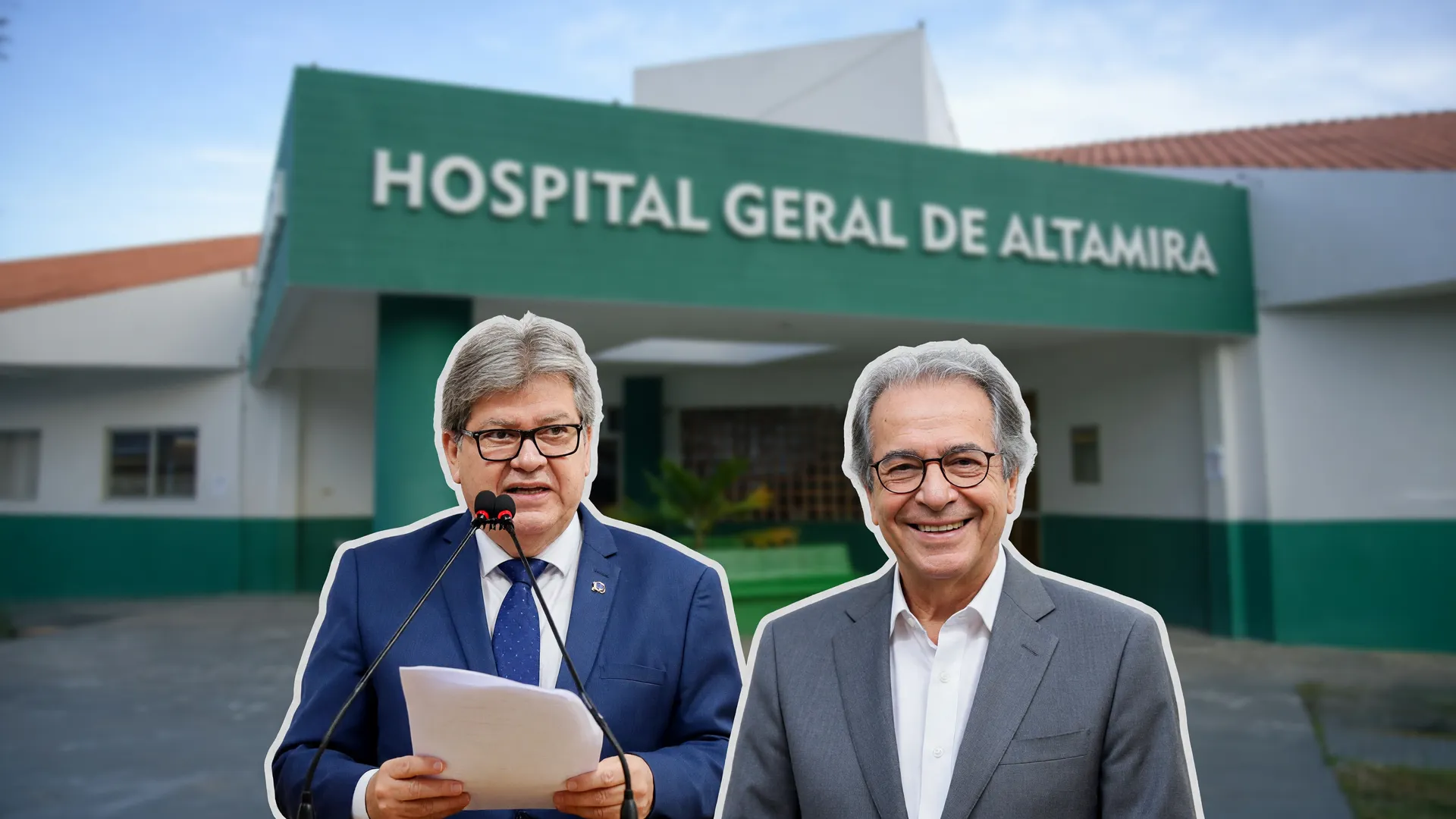 Fachada de hospital simboliza promessas de Azevêdo na Paraíba, ao lado dos governantes Azevêdo e Ribeiro