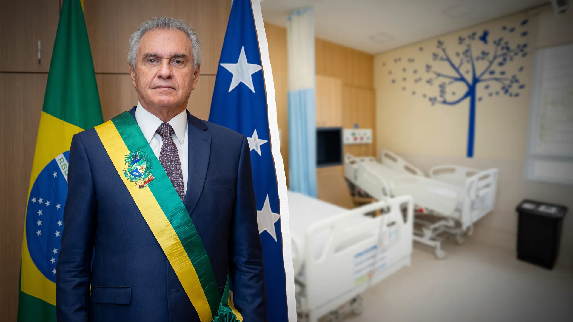 Caiado ao lado de leito hospitalar moderno representa avanço nas promessas de campanha em Goiás na saúde pública.