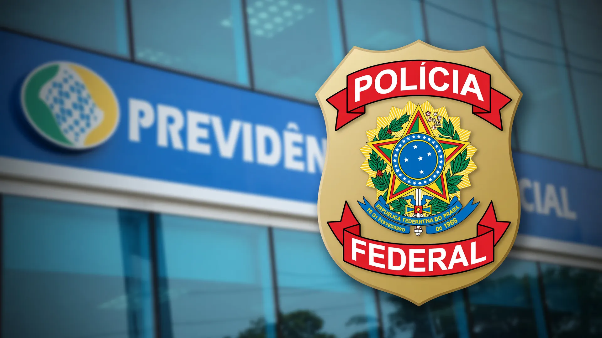 Distintivo da PF junto à fachada do INSS, simbolizando o esquema de propinas com apelidos no INSS.