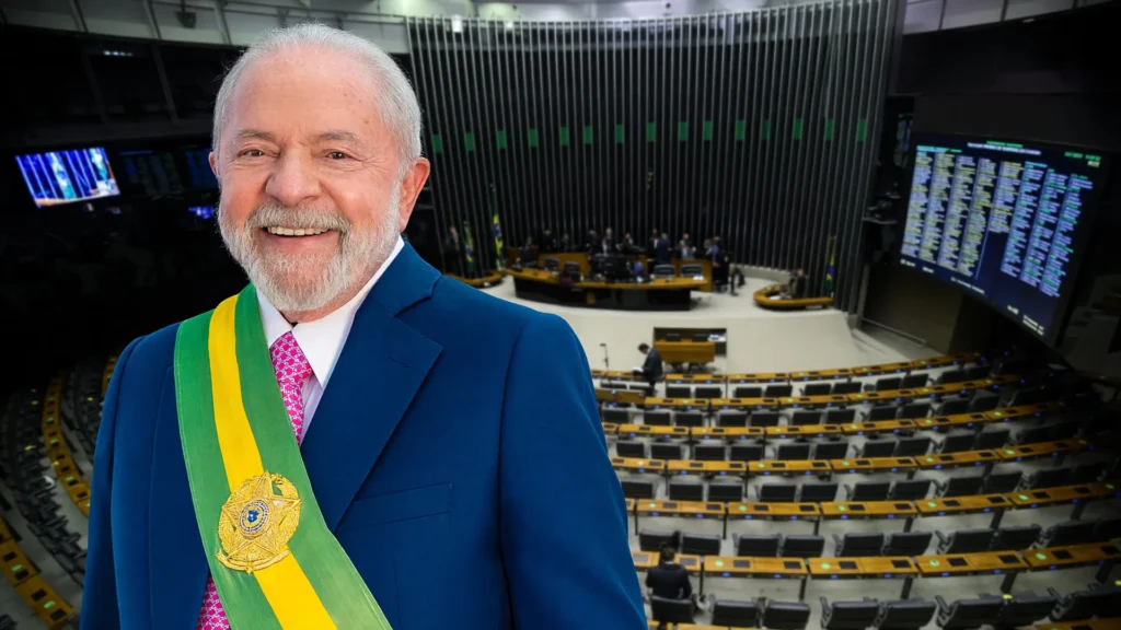 Lula em retrato presidencial com Câmara dos Deputados, simbolizando PT fundo eleitoral campanha Lula 2026