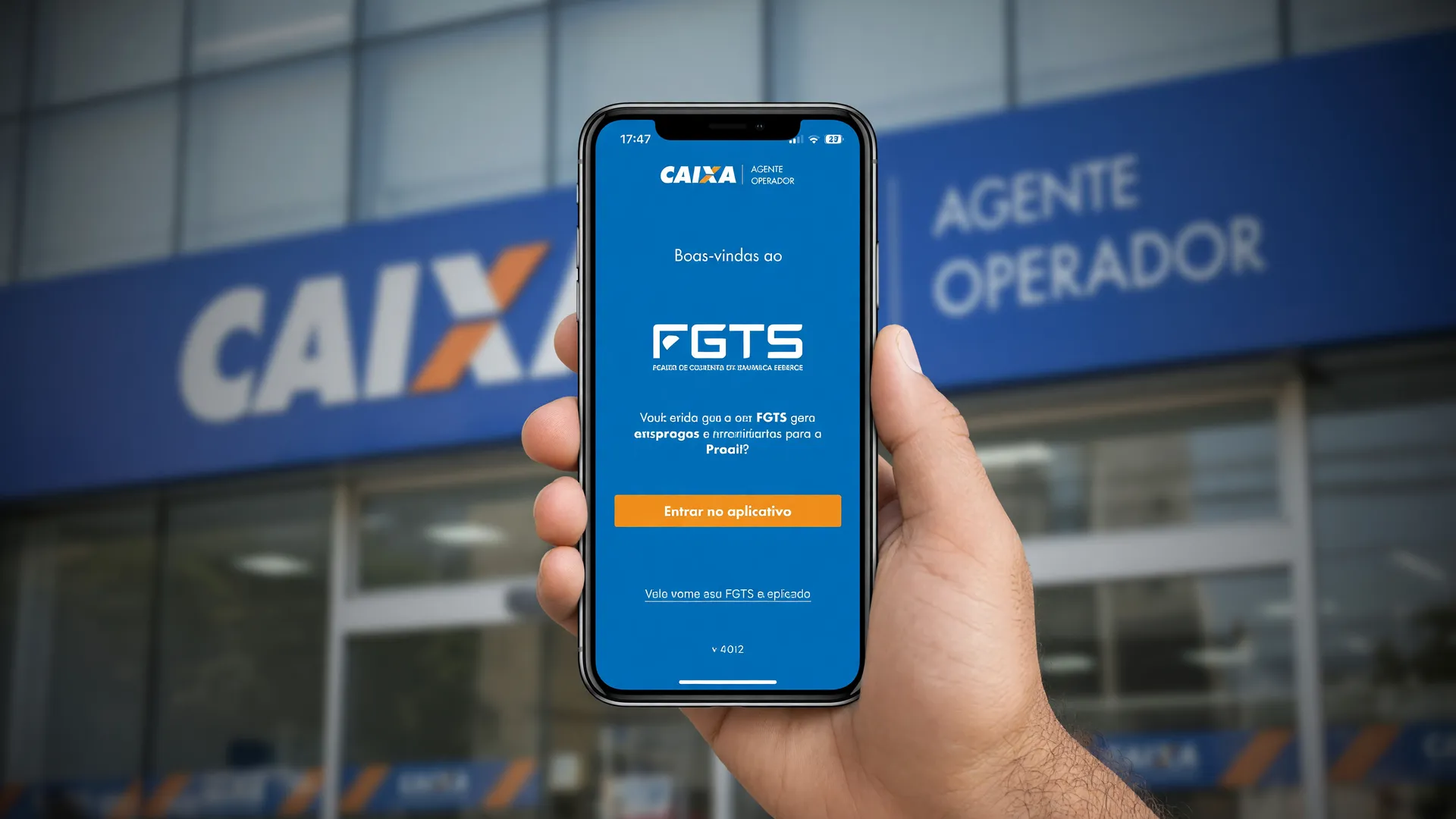 Smartphone com app do FGTS em destaque e agência da Caixa ao fundo; veja quanto vou receber do FGTS