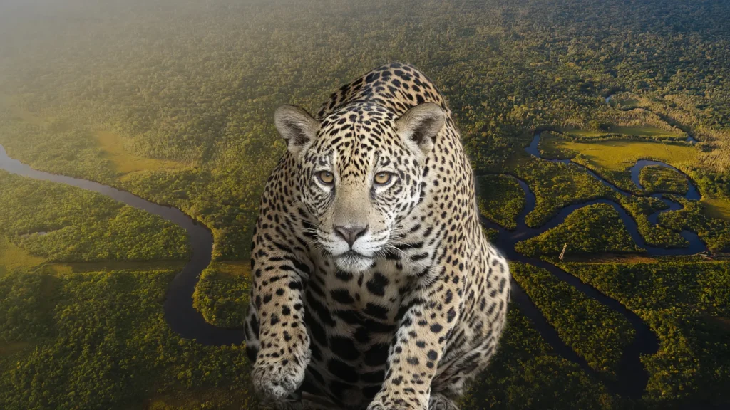 Onça-pintada fêmea à beira de rio na Amazônia, simbolizando a queda de fêmeas de onça-pintada na região