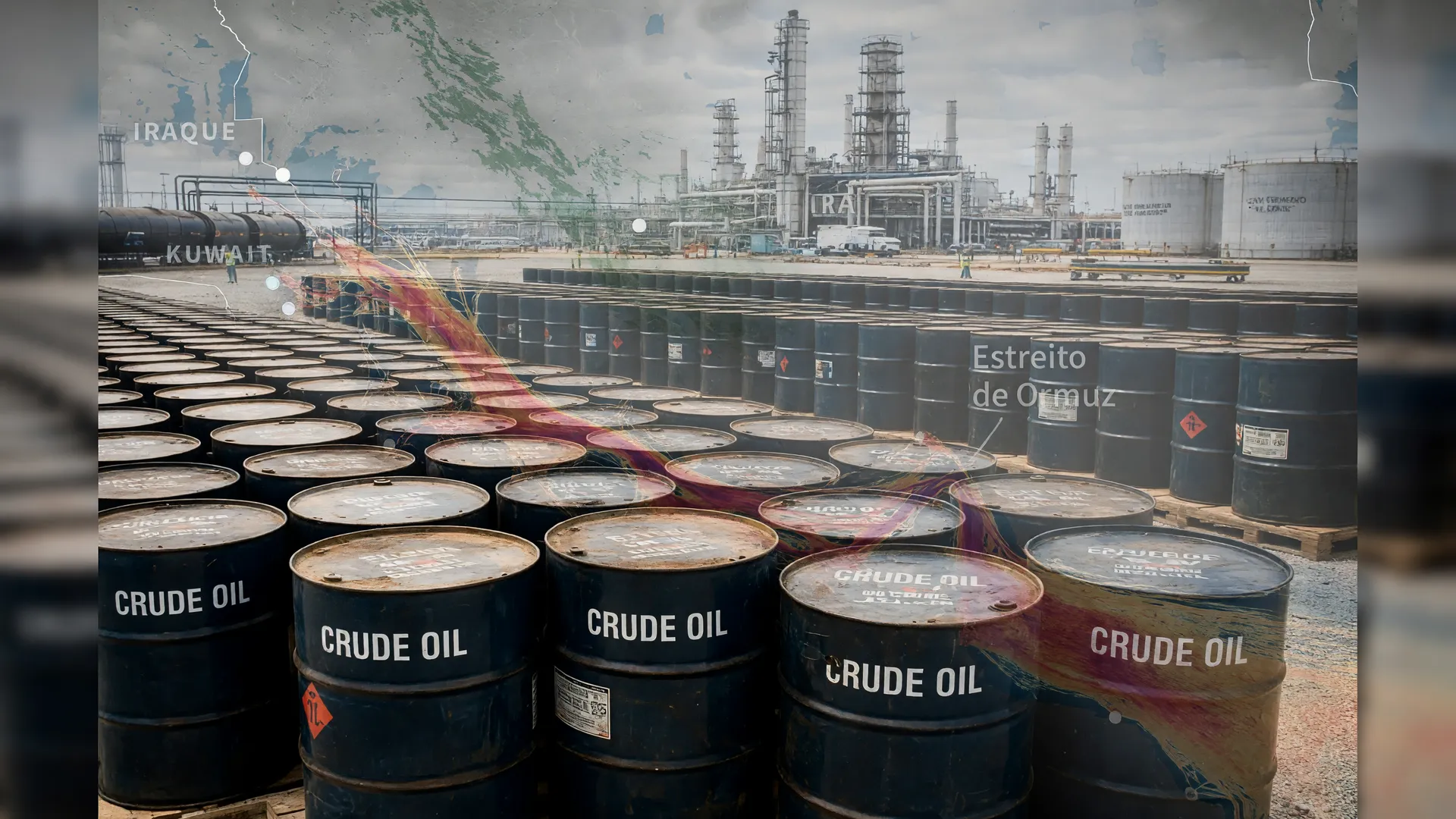Barris de petróleo com mapa do Estreito de Ormuz ao fundo ilustram queda no preço do petróleo após trégua Irã-EUA