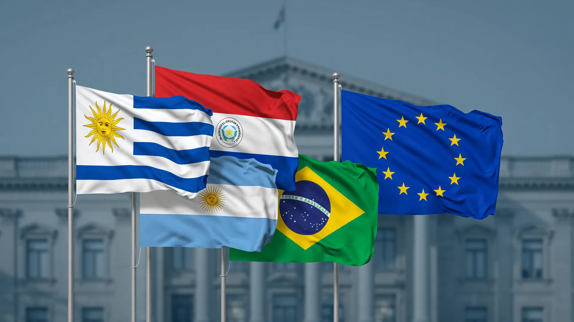 Bandeiras do Mercosul e UE representam negociação sobre ratificação acordo Mercosul-UE