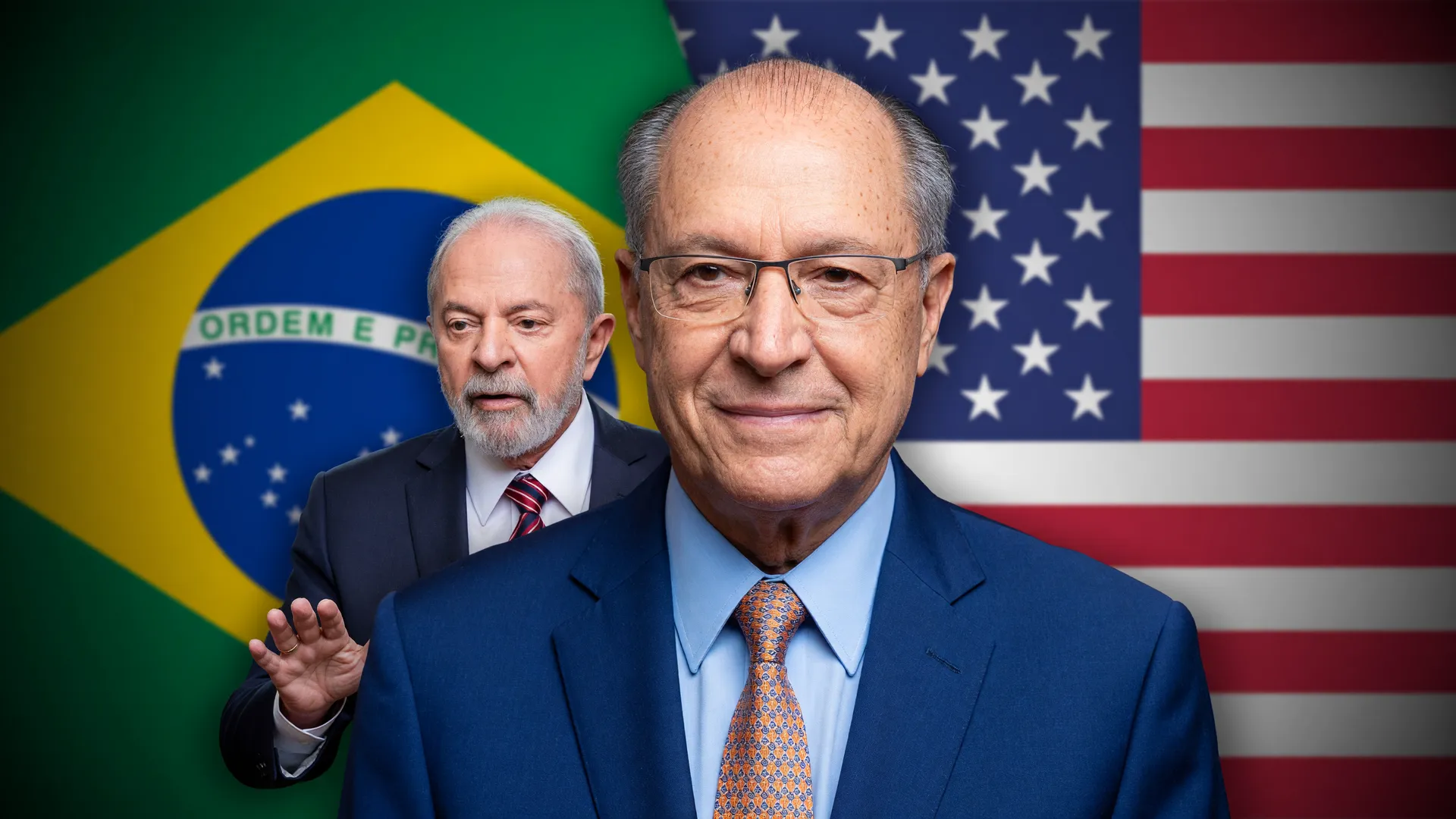 Alckmin e Lula representam a reciprocidade contra tarifas dos EUA, com bandeira americana ao fundo