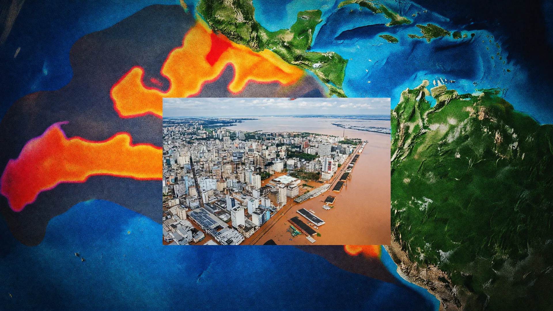 Mapa térmico do El Niño sobre vista aérea de devastação no RS, representando o recorde de tornados no Brasil