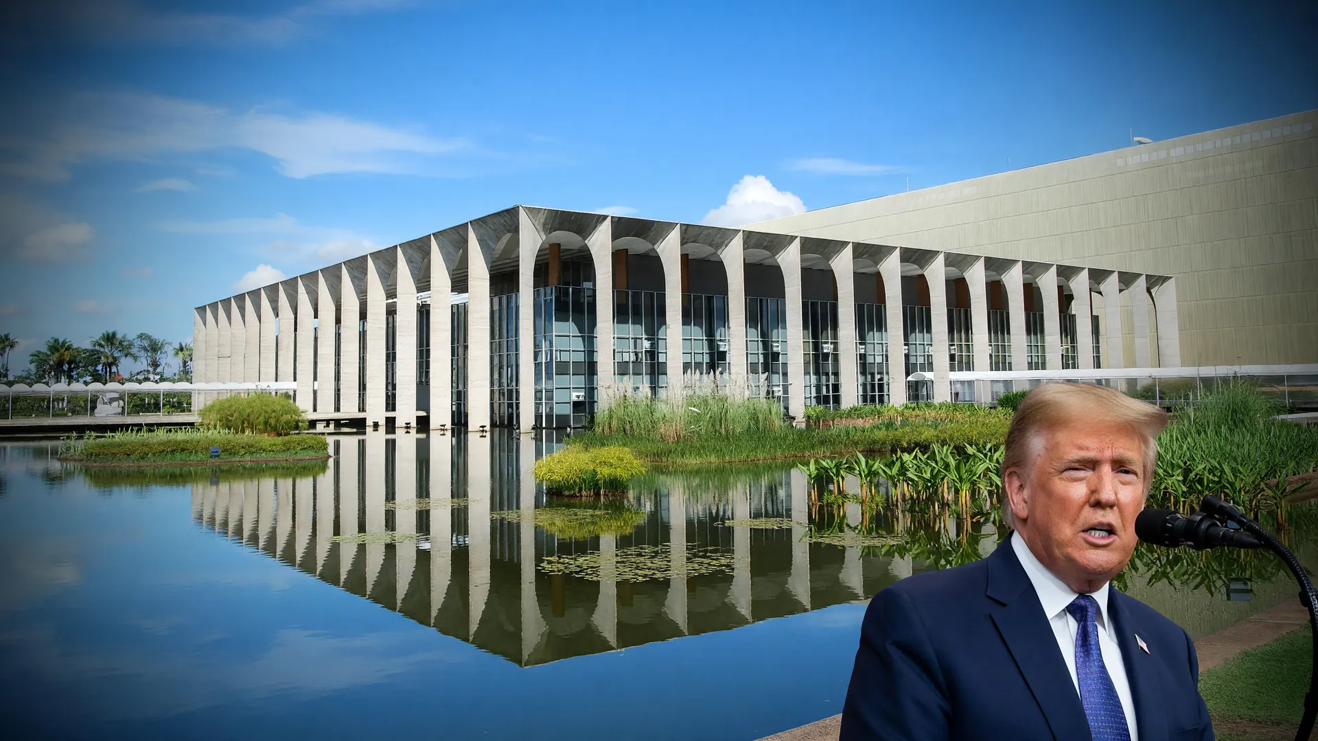 Palácio do Itamaraty com imagem de Trump ao fundo, ilustrando o recurso do Brasil à OMC contra tarifas dos EUA