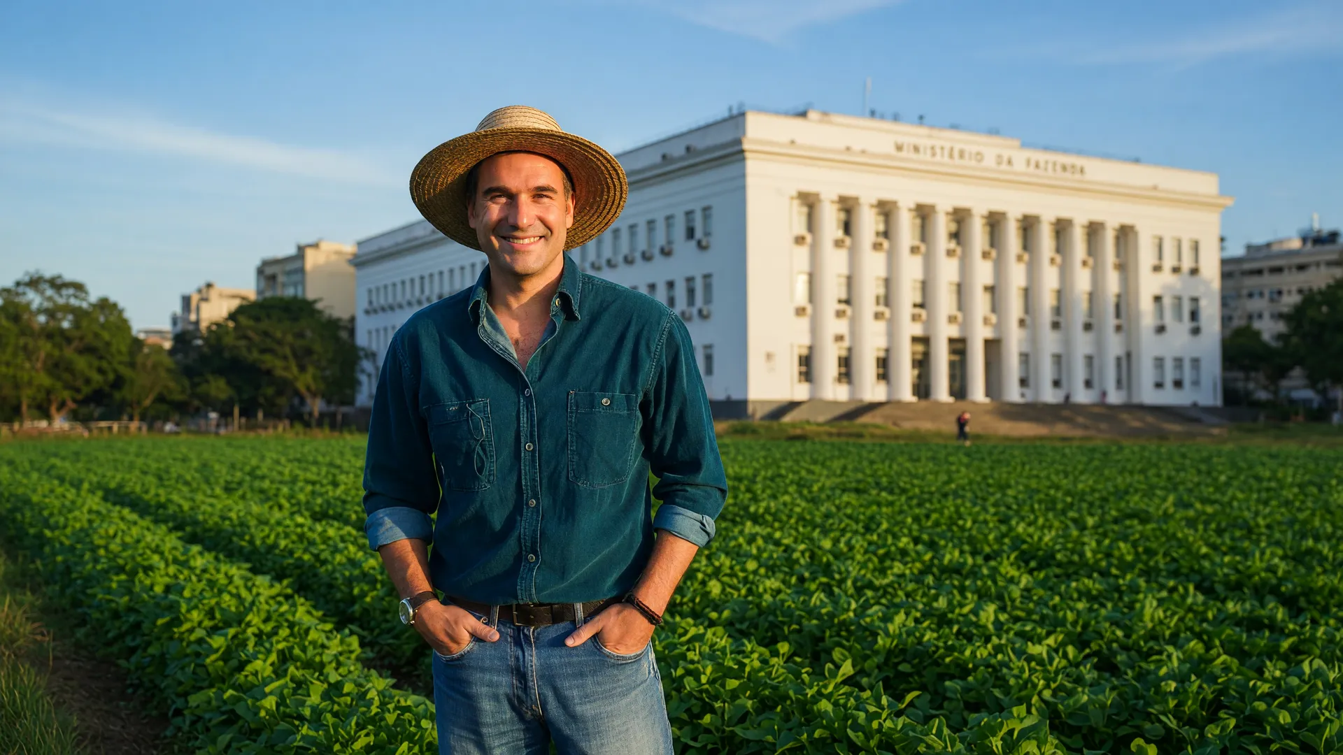 Produtor rural sorridente em lavoura simboliza avanço na renegociação de dívidas rurais junto ao governo