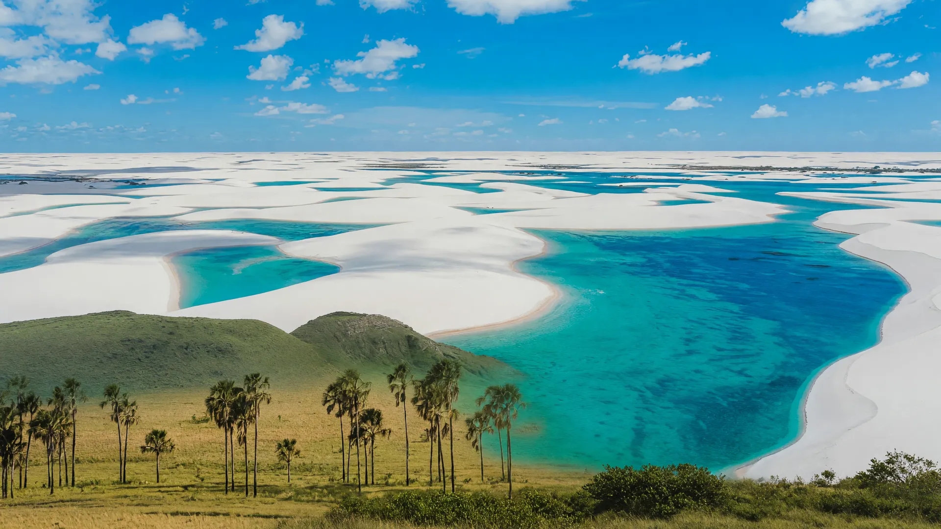 Vista aérea dos Lençóis Maranhenses com dunas e vegetação nativa, símbolo da restauração vegetação Lençóis Maranhenses.