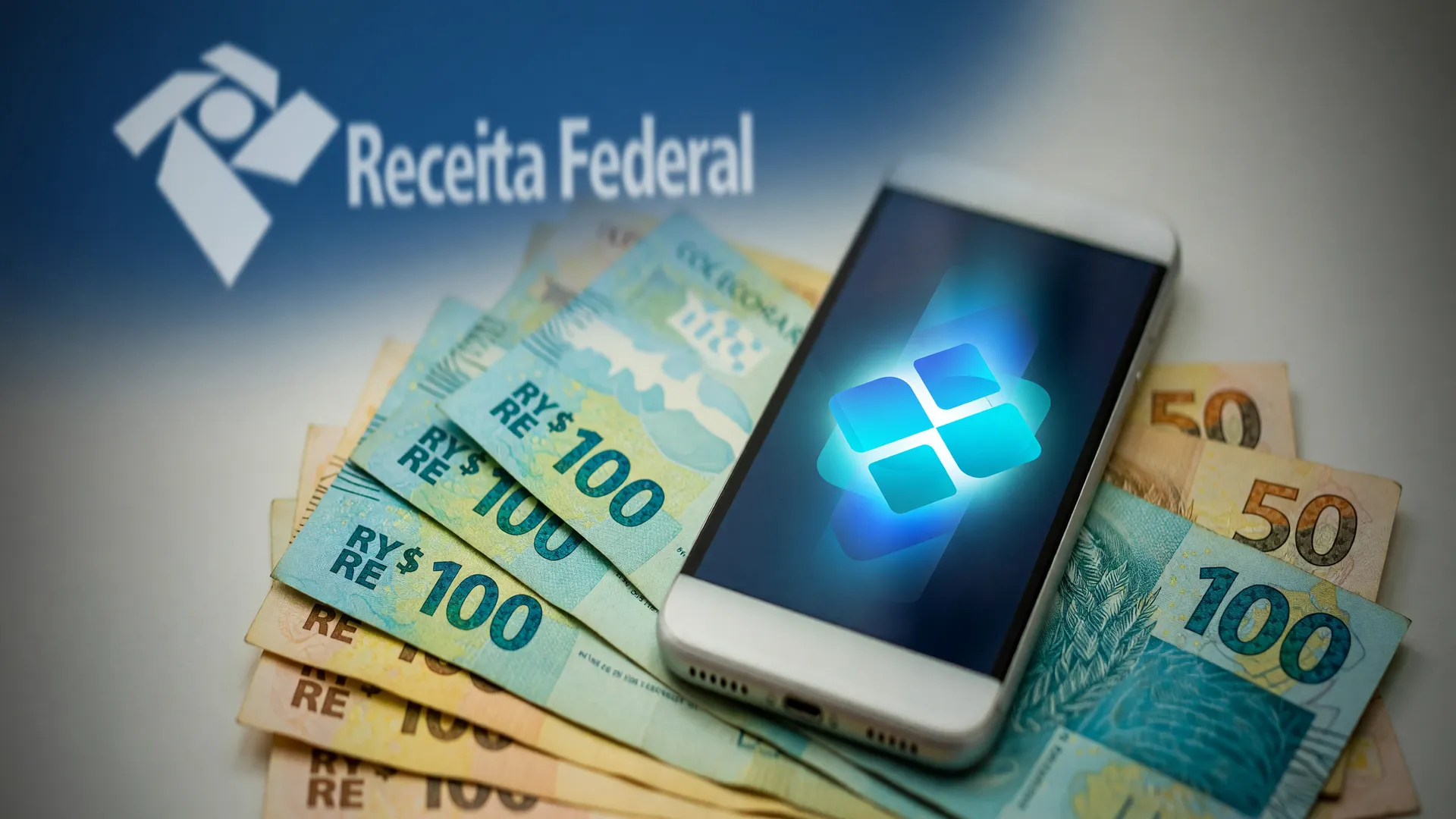 Logo da Receita Federal ao lado de cédulas de real, simbolizando a restituição automática do imposto de renda via PIX.