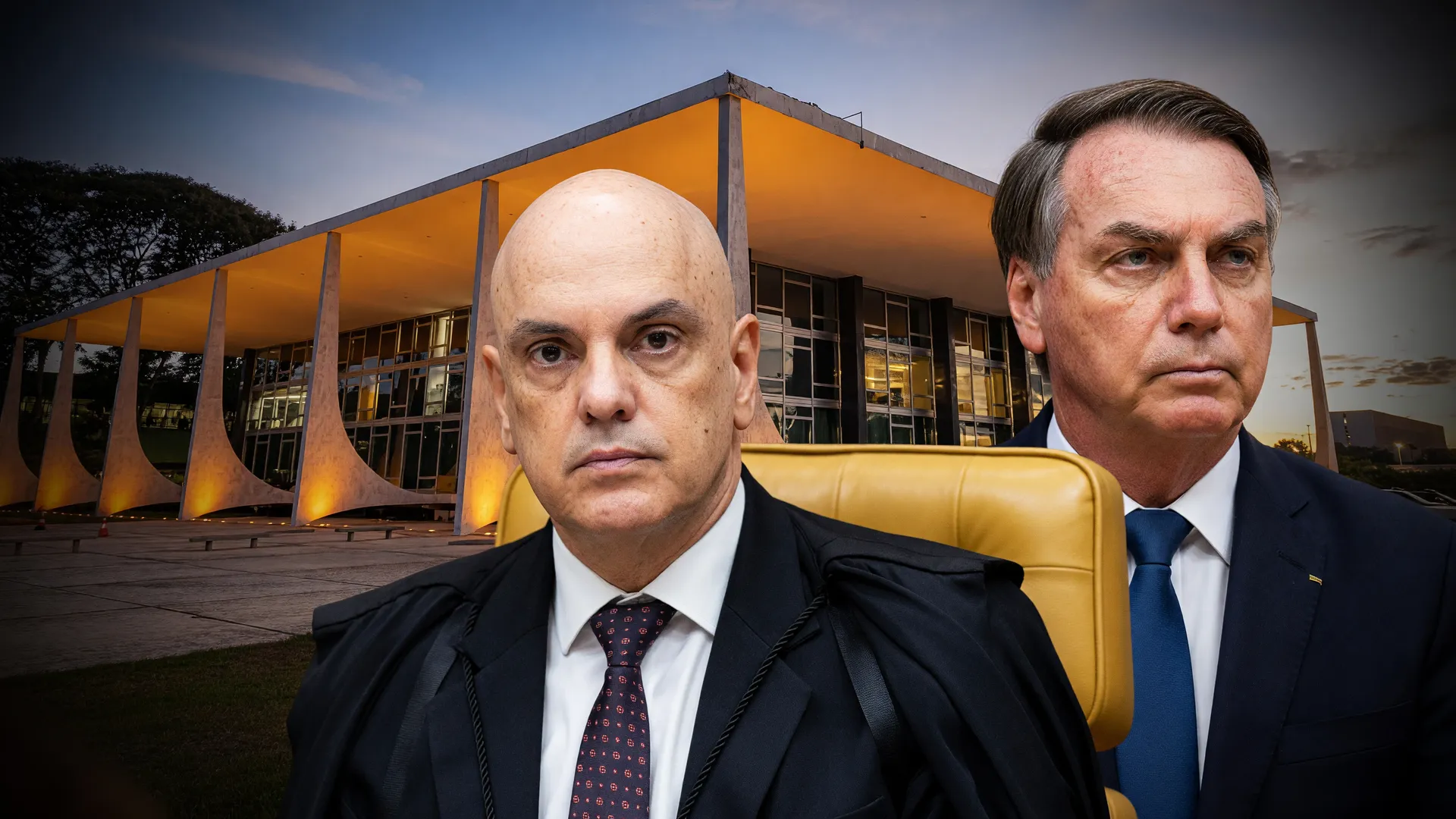 Moraes, do STF, aparece em destaque, simbolizando as restrições de Moraes contra Bolsonaro e a proibição de visitas.