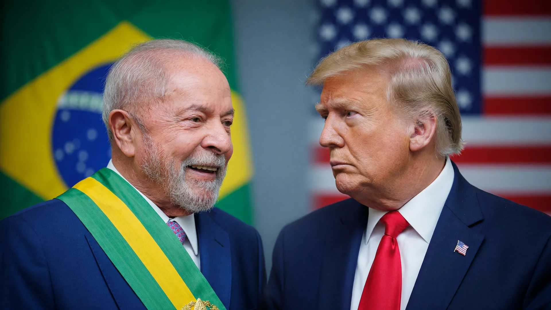 Lula e Trump em composição editorial simbolizando a retaliação ao tarifaço dos EUA contra o Brasil