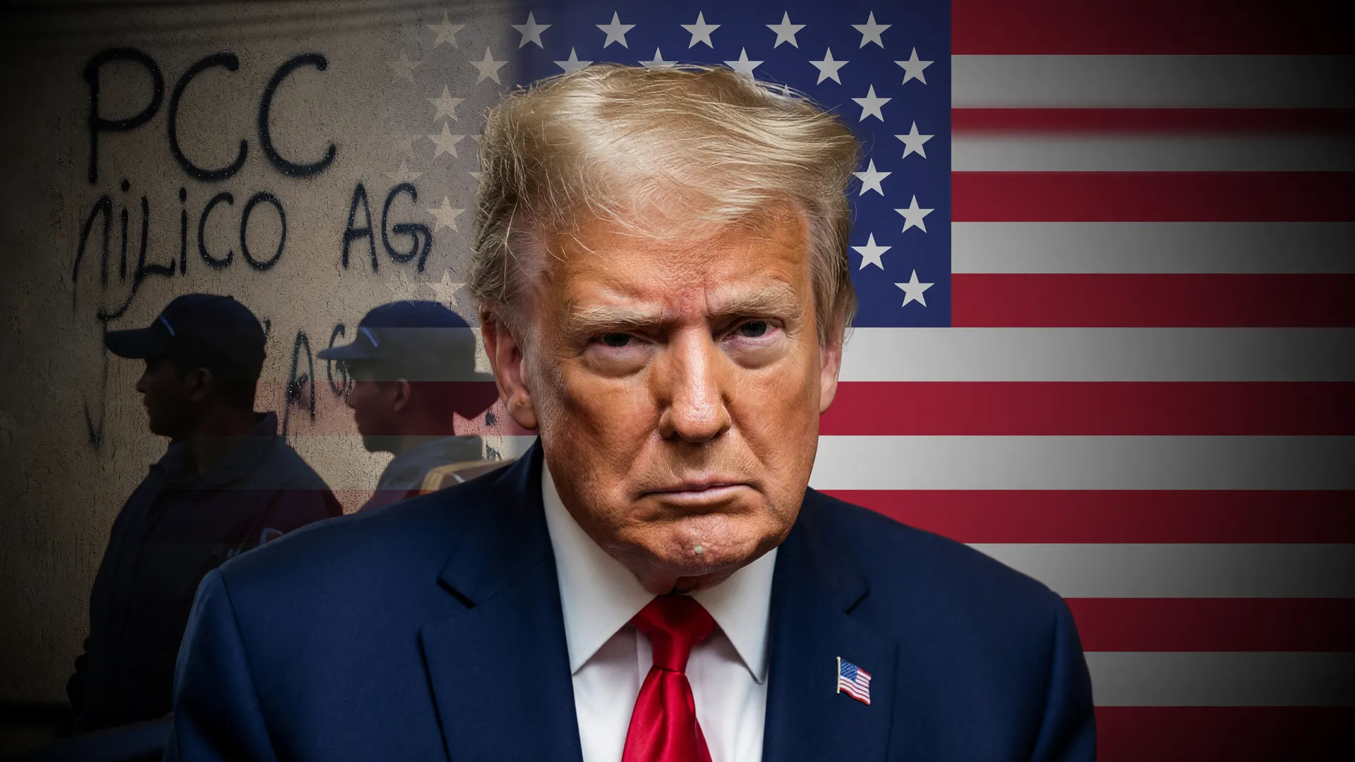Donald Trump e bandeira americana ilustram as sanções dos EUA ao PCC como ferramenta de influência nas Américas