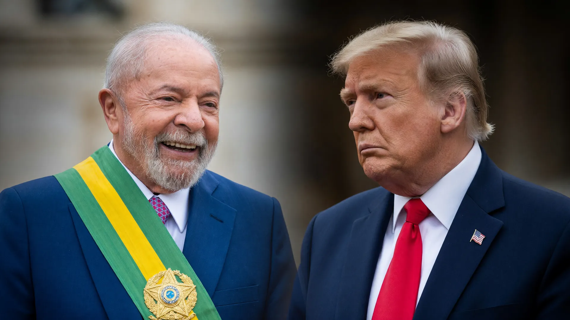 Lula e Trump em composição editorial representando as sanções dos EUA contra Brasil e a resposta do governo