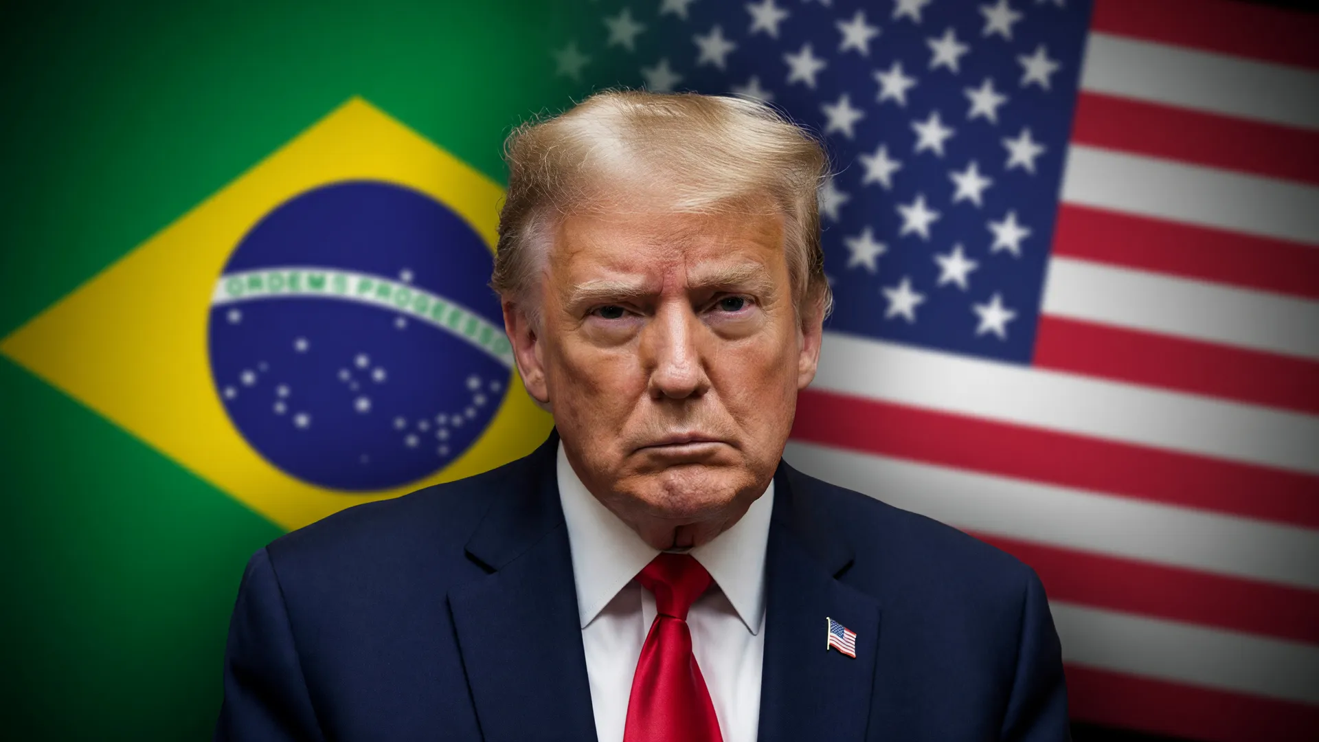 Trump ao lado das bandeiras dos EUA e do Brasil, simbolizando o superávit dos EUA com Brasil apesar do tarifaço