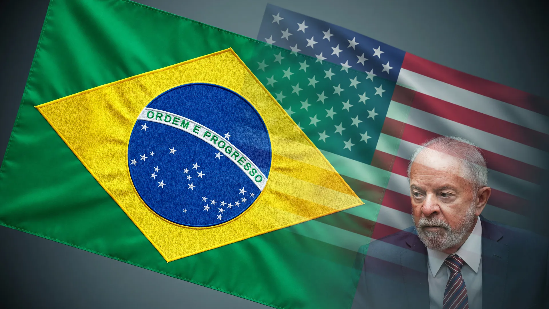 Bandeiras do Brasil e dos EUA simbolizam a tarifa de 12,5% ao Brasil imposta pelo governo americano