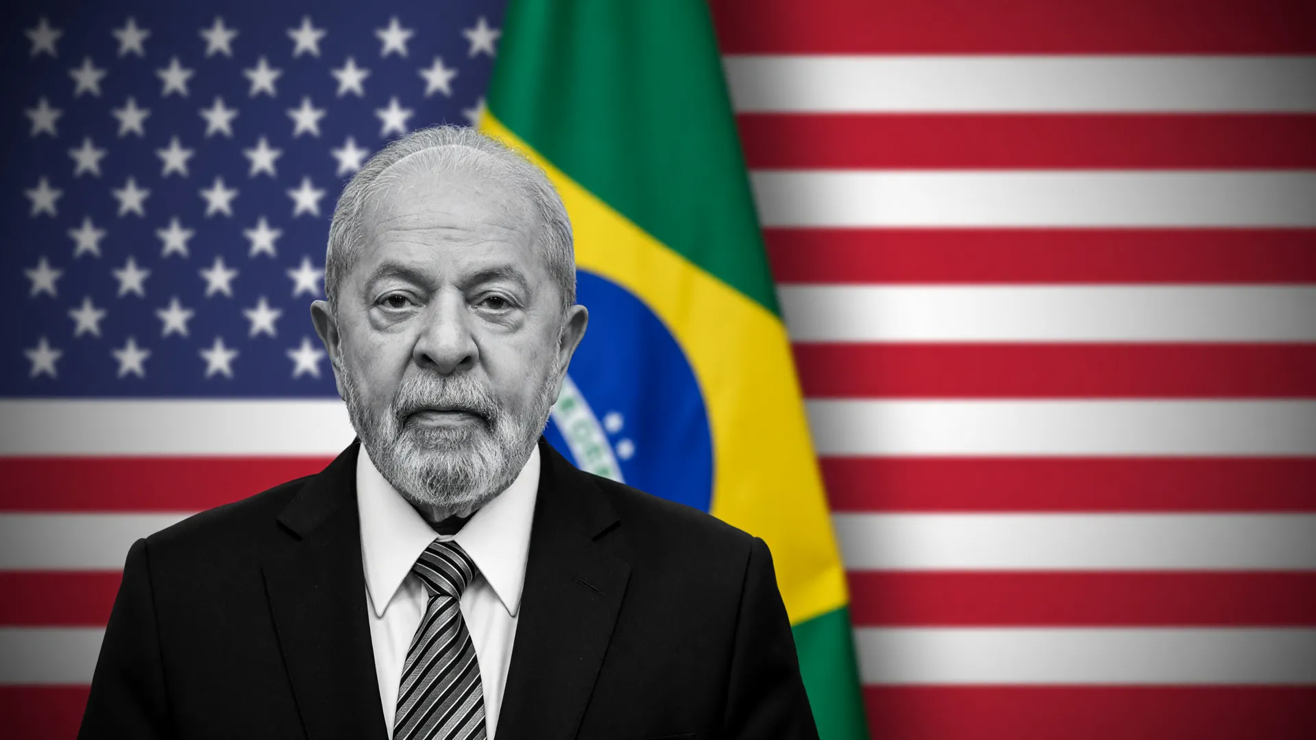 Lula diante da bandeira dos EUA representa a tensão criada pela tarifa de 25% dos EUA sobre o Brasil