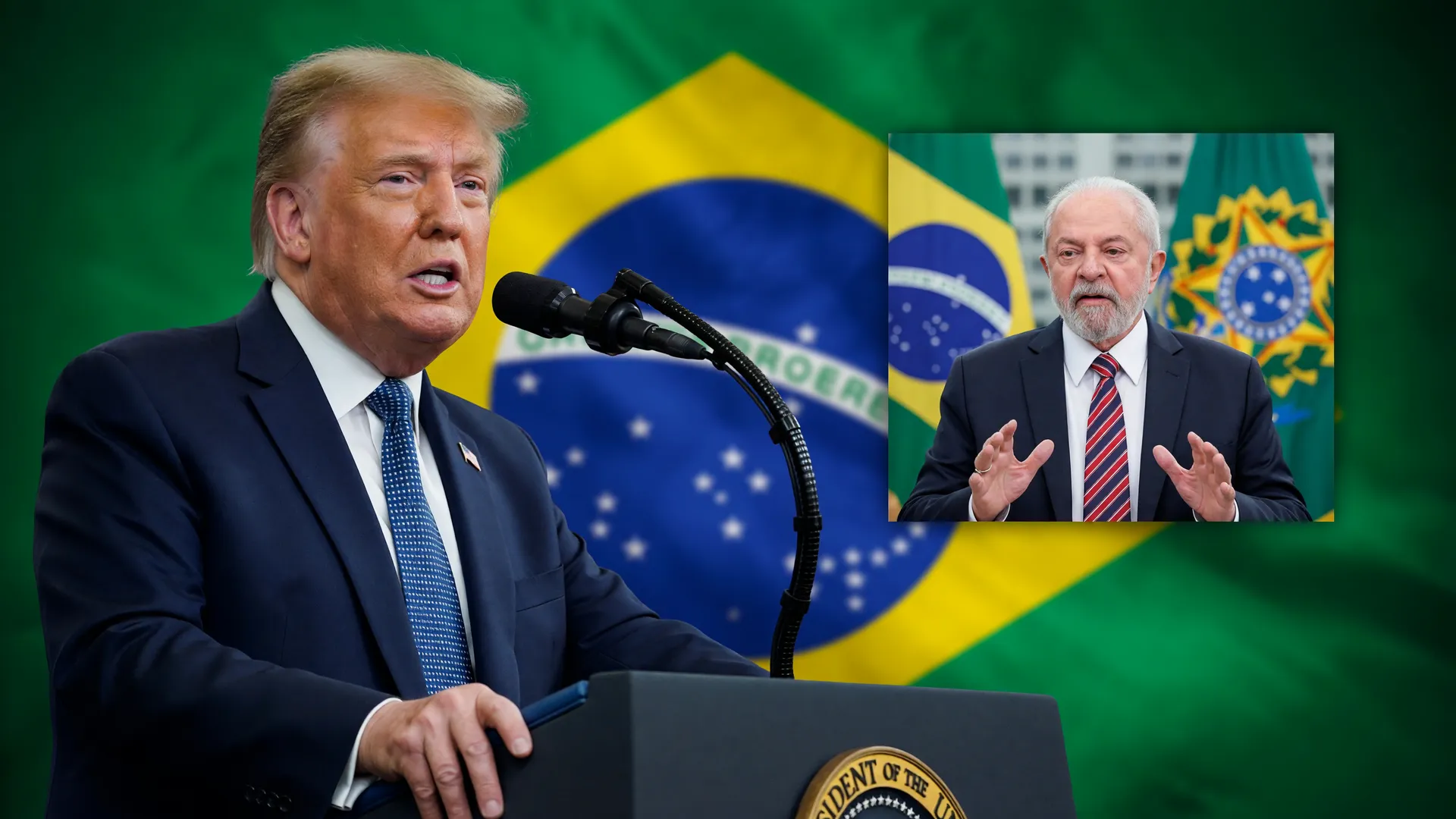 Trump discursa diante da bandeira do Brasil, simbolizando a tarifa de Trump contra o Brasil