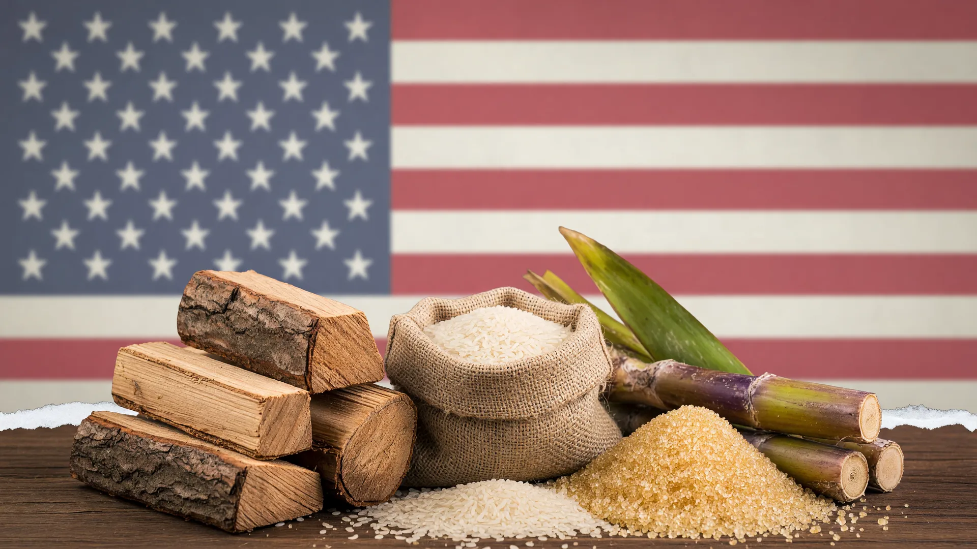 Bandeira dos EUA ao fundo com madeira, arroz e açúcar simbolizando a tarifa dos EUA no agronegócio brasileiro