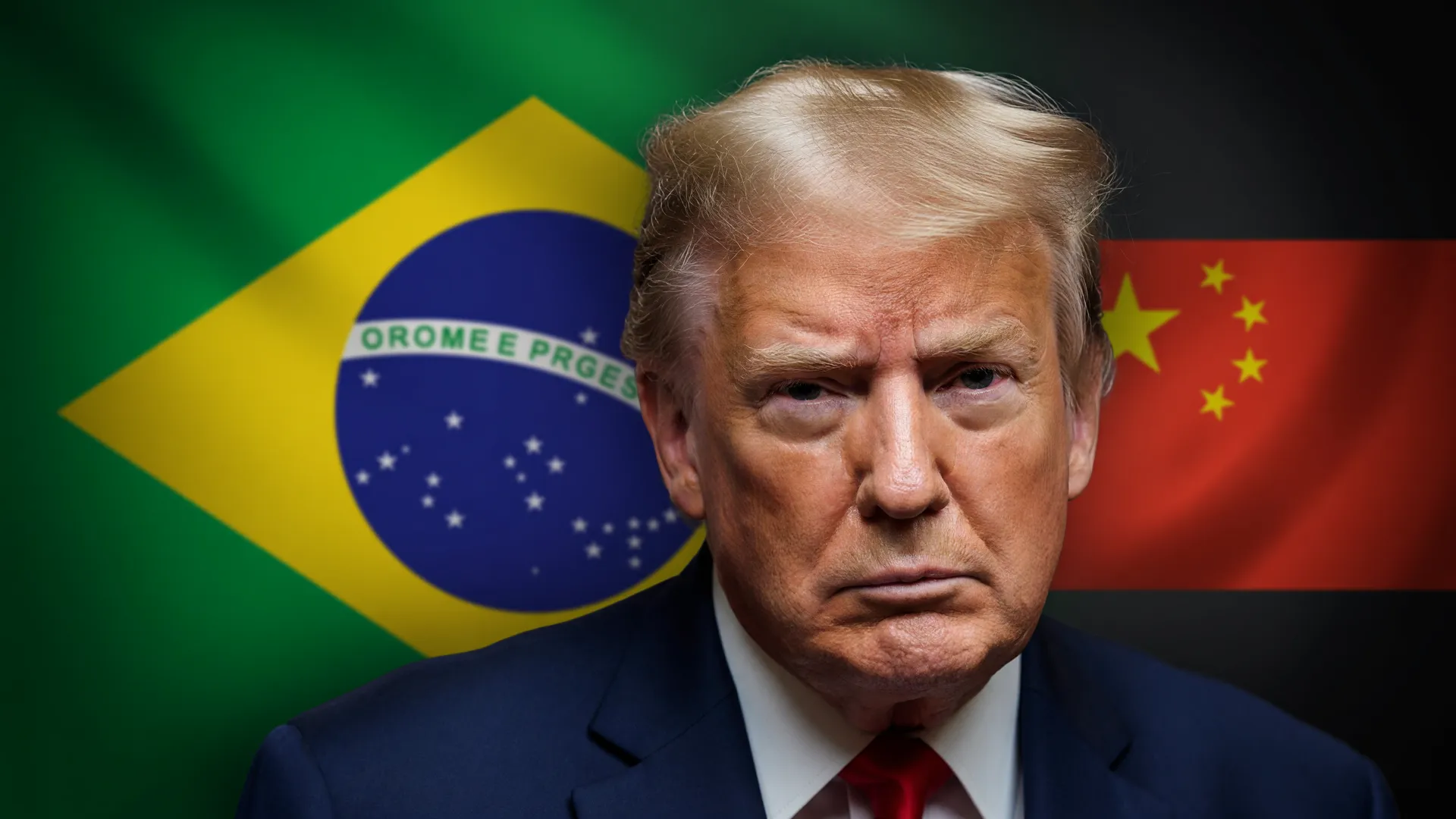 Trump ao lado das bandeiras do Brasil e da China, simbolizando a tarifa dos EUA no Brasil em meio à disputa comercial.